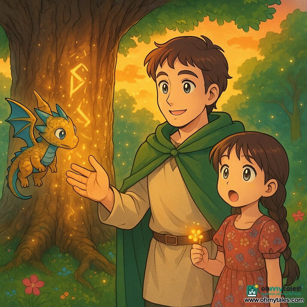 An adult man named Lucius with a gentle smiling face, bright eyes, wearing a cream tunic and green cloak, places his right hand on an ancient tree trunk covered in glowing runes with a calm, admiring posture; a small friendly dragon called Aurelius with golden-blue scales and mischievous round eyes hovers at Lucius's left shoulder, tilting its head protectively; an ~8-year-old girl with braided brown hair in a floral dress stands to the right a few steps away, mouth open in surprise and holding a small glowing flower; the scene is an enchanted clearing at golden dusk with mossy green grass, vivid pink and blue flowers, gnarled roots, and floating fireflies around a massive central tree whose rough bark and golden runes emit a soft halo; the main moment is a magical revelation as Lucius touches the tree and swirling light particles appear, creating a peaceful, wondrous atmosphere with warm contrasted colors, soft depth, childlike details, in a soft manga style with rounded features, exaggerated benevolent expressions, a bright contrasted palette, and a composition centered on the tree with the characters in a semicircle.