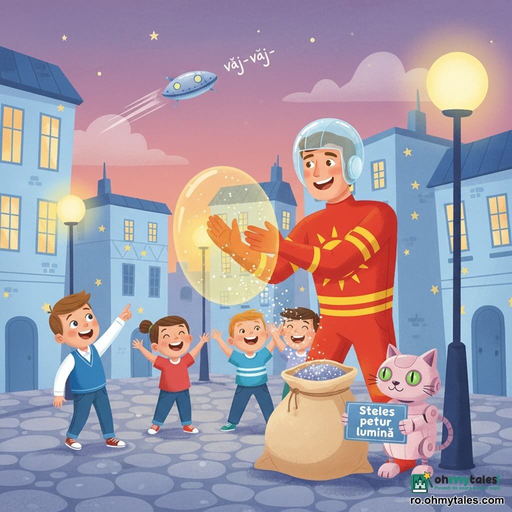 Un bărbat, Zâmbet-Fulger, zâmbește larg, poartă costum roșu cu dungi galbene și cască, creează un scut rotund de lumină aurie care respinge praful de stele într-un mare sac bej; la stânga lui, un băiat de circa 5 ani cu păr scurt castaniu și jachetă albastră arată uimit spre un mic vas oval; Robo-Pisicuța Miau-3000, pisică-robot roz pal cu ochi LED verzi, stă lângă un felinar ținând eticheta Stele pentru lumină; piața pietruită e înconjurată de clădiri bleu cu stele pictate, felinare cu lumină caldă și un cer violet de amurg, atmosferă blândă și liniștitoare.
