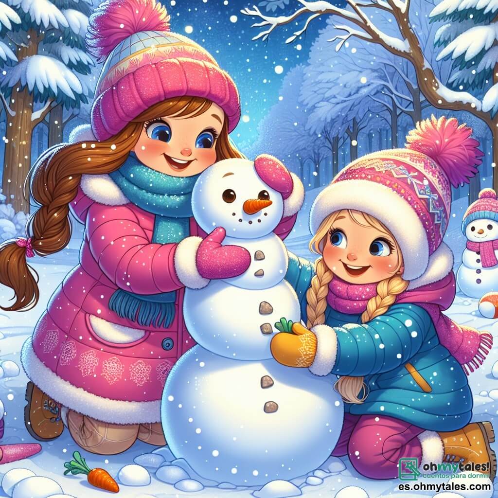 Dos niñas, Lila y Mia, juegan en un parque nevado. Lila, de 7 años, tiene el cabello largo y castaño y lleva un abrigo rosa brillante con un gorro a juego. Está agachada, con las manos llenas de nieve, lista para hacer un muñeco de nieve. Mia, también de 7 años, tiene el cabello rubio trenzado y lleva un overol azul con guantes amarillos. Está de pie al lado de Lila, sonriendo, sosteniendo una zanahoria para la nariz del muñeco de nieve. El parque es un paisaje de ensueño, cubierto de una gruesa capa de nieve brillante bajo un cielo azul claro. Los árboles con ramas cargadas de nieve rodean a las niñas, y los copos de nieve caen suavemente, creando una atmósfera mágica. Las dos niñas se divierten construyendo un muñeco de nieve, riendo y lanzándose bolas de nieve mientras el muñeco toma forma a su lado, con piedras para los ojos y una zanahoria para la nariz.