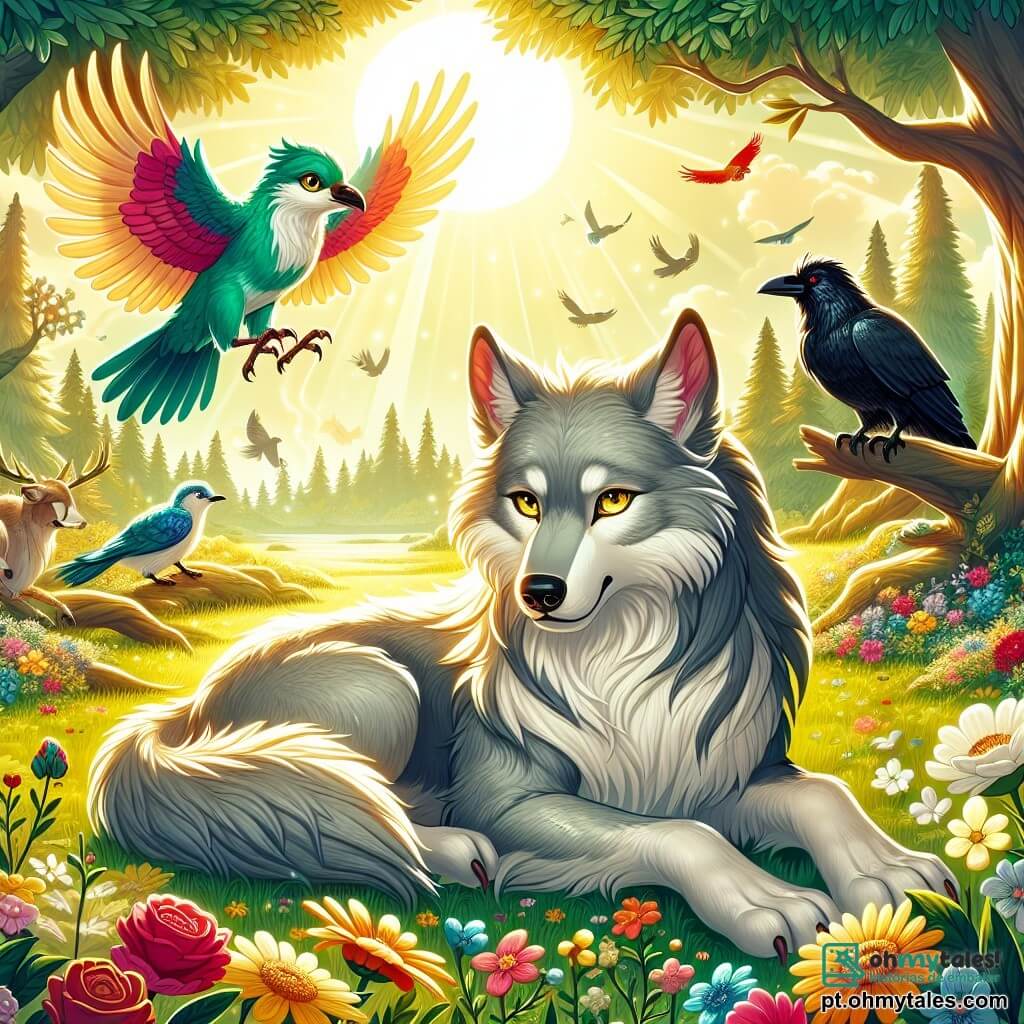 No centro da imagem, um Grande Lobo majestoso, com pelagem cinza prateada e olhos dourados brilhantes, expressa uma profunda tristeza, sentado em uma clareira ensolarada, cercado por flores coloridas. À sua direita, Lysander, um pássaro com penas vibrantes, voa acima do lobo, pronto para ajudá-lo. À esquerda, uma corvo negro, empoleirada em um galho, observa a cena com curiosidade, seus olhos brilhando de inteligência. A clareira é banhada por luz dourada, com árvores majestosas e folhas verdes vibrantes, e um suave raio de sol que filtra pelas ramificações, criando uma atmosfera mágica. A situação principal mostra Lysander e os animais unidos ao redor do Grande Lobo, buscando entender sua tristeza e ajudá-lo a quebrar a maldição que o aflige.