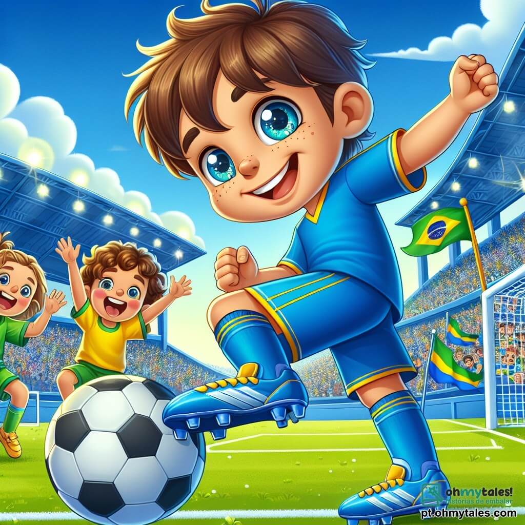 Um homem, o jogador de futebol profissional, Sr. Pedro, está no centro da imagem, sorrindo com entusiasmo. Ele usa uma camisa azul vibrante, um short combinando e chuteiras brilhantes. Seus cabelos são castanhos e levemente cacheados, e seus olhos brilham de alegria enquanto se prepara para chutar a bola. À sua direita, um menino de 6 anos, Tiago, com cabelos castanhos e olhos curiosos, salta de alegria, brandindo uma pequena bandeira de seu time. Ele veste uma camiseta amarela e um short verde, com um grande sorriso no rosto. À sua esquerda, uma menina de 6 anos, Ana, com cabelos longos e loiros, faz movimentos de dança, vestida com um vestido colorido e um cachecol azul. Ela ri e aplaude, cheia de energia. O cenário é um campo de futebol verdejante, sob um céu azul brilhante, com arquibancadas cheias de espectadores entusiasmados ao fundo, segurando faixas e bandeiras. A situação principal mostra o Sr. Pedro se preparando para cobrar um pênalti, enquanto Tiago e Ana o incentivam com gestos de apoio, criando uma atmosfera de alegria e excitação antes do grande momento da partida.