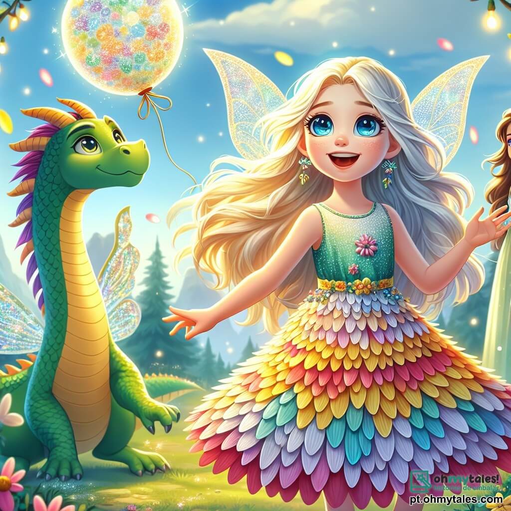 Clara, uma jovem de cabelos dourados e olhos azuis brilhantes, está no centro do palco, com um largo sorriso iluminando seu rosto. Ela usa um vestido de pétalas coloridas que parece dançar com o vento, enquanto estende a mão para um balão mágico flutuando acima dela, cheio de luz cintilante. Ao seu lado, Lira, uma pequena fada com asas brilhantes como diamantes, voa alegremente, seus cabelos prateados flutuando ao seu redor. Ela tem cerca de 10 anos e observa Clara com admiração, pronta para ajudá-la em sua aventura. Um pouco mais adiante, Drago, um sábio dragão com escamas verde-esmeralda, se mantém majestoso, seus olhos profundos e sábios observando a cena com benevolência. A cena se passa no Reino dos Sonhos, um cenário encantador onde o céu é um arco-íris vibrante e as flores dançam ao ritmo de uma melodia suave. Árvores majestosas com troncos dourados se erguem ao redor deles, e criaturas mágicas se escondem nos arbustos coloridos. Clara, Lira e Drago estão celebrando a criação de um balão mágico, símbolo de sua amizade e coragem, enquanto estrelas cintilantes flutuam ao seu redor, iluminando a paisagem mágica.