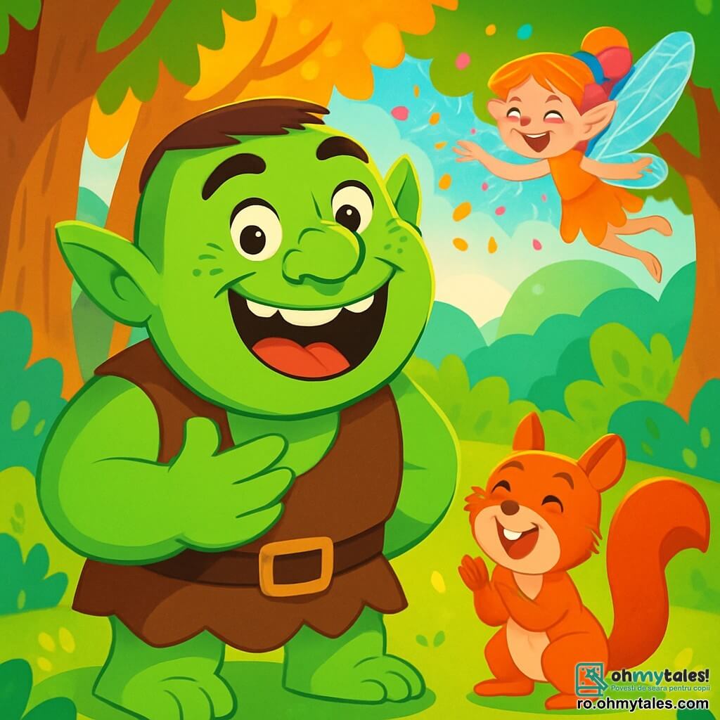 Un ogre verde, mare și puternic, cu pistrui pe nas și o expresie veselă, se pregătește să spună o glumă. Ochii lui strălucesc de entuziasm, iar gura lui zâmbește prietenos. Alături de el, o veveriță roșcată, mică și jucăușă, râde și aplaudă. În fundal, o zână cu aripi strălucitoare zboară, aruncând confetti colorate. Locul este o pădure magică, cu copaci înalți și iarbă verde. Soarele strălucește printre ramuri, creând jocuri de lumini. Ogrele se pregătește să spună cea mai amuzantă glumă, în timp ce creaturile din pădure se adună în jurul lui, râzând și așteptând cu nerăbdare.