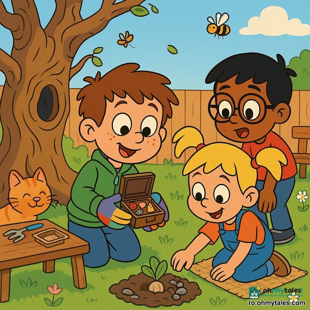 Un băiat de 6 ani, față rotundă cu pistrui, păr brun ciufulit, ochi mari curioși, expresie veselă și concentrată, poartă mănuși colorate și o jachetă verde și ține o cutiuță mică de comori deschisă lângă un copac răsucit; o fetiță de circa 6 ani, cu plete blonde în cozi, zâmbet entuziast, îngenunchează pe un covoraș de iută și plantează o sămânță lângă el; un băiat de vreo 7 ani, păr negru și ochelari din plastic, privește cutia cu mirare și ajută să așeze o piatră în jurul unui bulb, stând lângă o bancă; o pisică roșcată tigrată se freacă de piciorul băiatului principal, așezată la baza trunchiului; curtea e scăldată în lumină aurie, iarbă proaspătă, pământ întunecat și afânat, copac bătrân cu trunchi noduros și o scorbura mică, o masă de lemn cu unelte miniaturale și o pungă de semințe deschisă; copiii curăță blând zona copacului, plantează semințe și pun mici găselnițe (un nasture roșu, o frunză în formă de inimă, o aripă de fluture) în cutie, gest tandru și calm, atmosferă de primăvară cu petale care înmuguresc și insecte zumzăind.