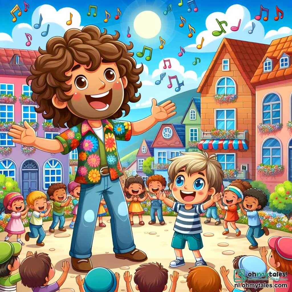 Een man genaamd Daan, met krullend bruin haar en een warme glimlach, staat in het midden van het podium met open armen en zingt vrolijk. Zijn gezicht straalt vreugde en enthousiasme uit, terwijl hij een kleurrijk shirt en denim broek draagt. Naast hem staat een jongen genaamd Pepijn, ongeveer 8 jaar oud, met sprankelende ogen en rommelig blond haar, die in de handen klapt op de muziek en een grote glimlach toont. De achtergrond speelt zich af op een levendig dorpsplein, omringd door kleurrijke huizen, stralende bloemen en groene bomen, onder een blauwe lucht met witte wolken. Kinderen en volwassenen dansen en lachen om hen heen, wat een feestelijke en blije sfeer creëert. De belangrijkste situatie toont Daan en Pepijn die samen muziek maken, omringd door de gemeenschap, en vieren de kracht van muziek en de vreugde van vriendschap, met muzieknoten die als kleurrijke vlinders door de lucht zweven.