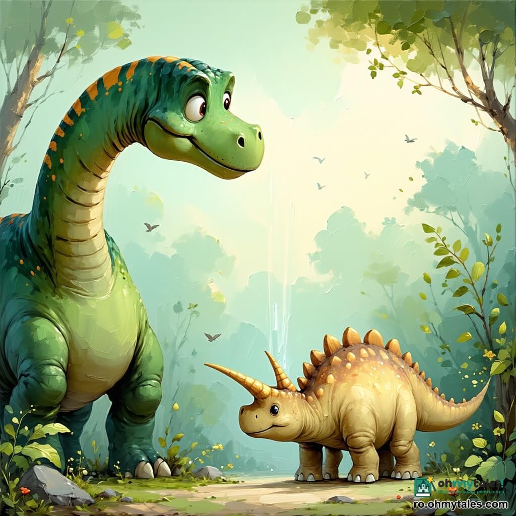 Un diplodocus impunător și blând, gât lung și piele aspră verde-palid cu pete ocru, ochi expresivi, gura întredeschisă în timp ce scoate un nou strigăt, poziție dreptă, pieptul bombat și o vibrație luminoasă urcând pe gât; la stânga lui Rugo, un tânăr triceratops timid cu coarne scurte și carapace bej-roz pătată de noroi, cu fața uimită și un mic „pii” care crește; pe un stâncă din apropiere Plici, un compsognathus vioi cu puf brun-roșcat la cap, bate din coadă ca un metronom și privește ștrengărește; scena se petrece pe o întinsă câmpie ierburoasă nocturnă cu flori albastre, o dâră de praf stelar scânteietoare ca un râu de lumină, stânci rotunde și un cer înstelat; momentul principal: diplodocusul emite un strigăt cald și liniștitor care proiectează o umbră la sol, triceratopsul își recâștigă treptat vocea iar micul dino ține ritmul, atmosferă caldă, culori bogate și contrastante, iluminare blândă din stele și o lumină internă în jurul gâtului diplodocusului.