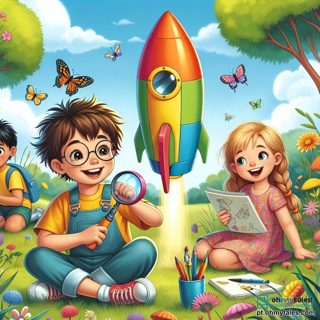 Em primeiro plano, Miguel, um menino de 10 anos com cabelos castanhos bagunçados e óculos, está lançando um foguete de plástico colorido, seu rosto radiante de excitação. Ao lado dele, Ana, uma menina de 11 anos com cabelos loiros trançados e camiseta amarela, observa atentamente o lançamento com um sorriso encantado. Lucas, um menino de 9 anos com cabelos negros e bermuda azul, segura uma lupa, fascinado pelos insetos na grama próxima. Por fim, Sofia, uma menina de 10 anos com cabelos castanhos e vestido florido, desenha em um caderno, sentada na grama, com uma expressão concentrada. O cenário é um jardim verdejante, repleto de flores coloridas e grandes árvores, sob um céu azul brilhante. Borboletas voam ao redor das flores, e um pequeno riacho cintilante flui ao fundo, adicionando um toque de magia à cena. A situação principal mostra os quatro amigos em plena ação, celebrando o lançamento de seu foguete de garrafa, cercados de risadas e entusiasmo, capturando o espírito alegre e aventureiro de suas férias de verão.