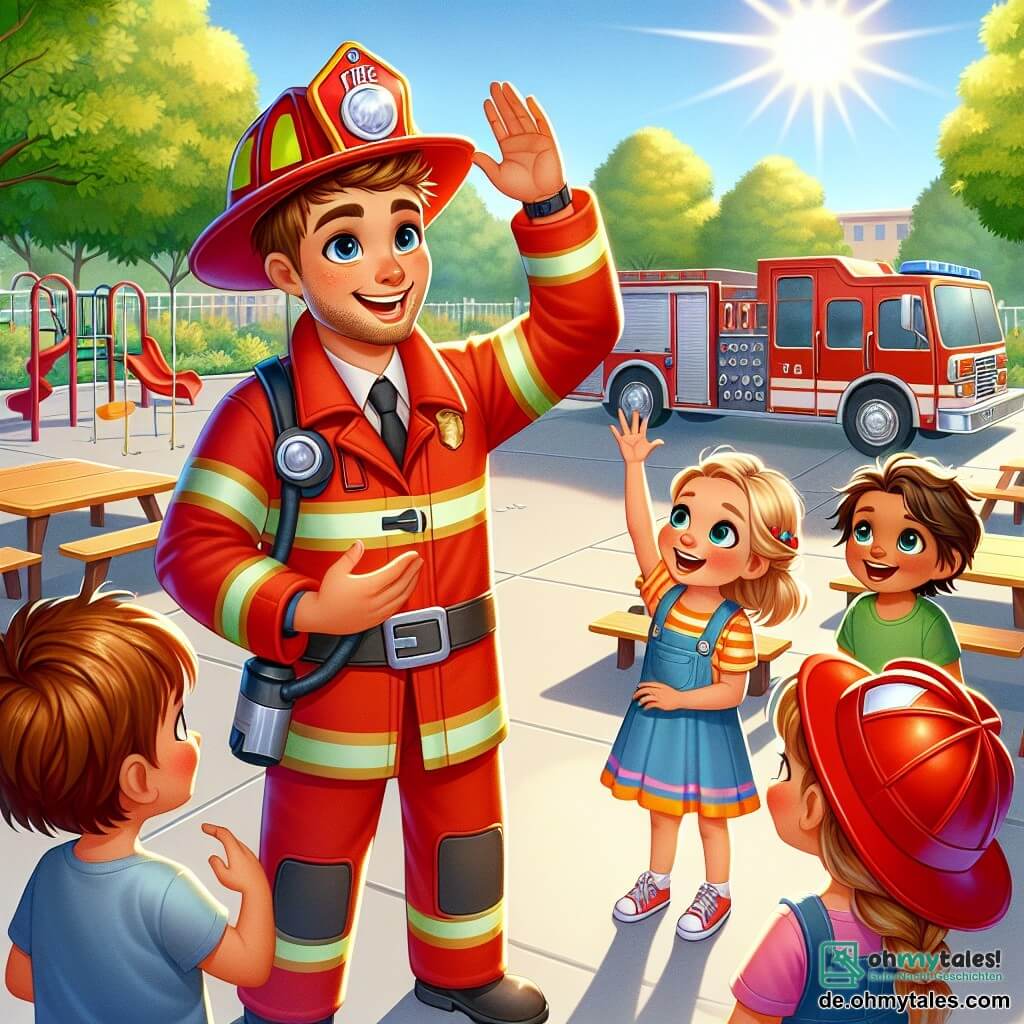 Ein Feuerwehrmann namens Max, lächelnd und selbstbewusst, trägt eine leuchtend rote Uniform mit einem glänzenden Helm. Er steht auf einem Spielplatz, umgeben von Kindern, und erklärt enthusiastisch die Bedeutung des Brandschutzes. Ein 8-jähriger Junge namens Timmy mit zerzausten braunen Haaren und Brille hebt neugierig die Hand und hört aufmerksam zu. Neben ihm lacht ein 7-jähriges Mädchen namens Lila mit blonden Zöpfen in einem zu großen Feuerwehrhelm fröhlich. Der sonnige Spielplatz ist von grünen Bäumen umgeben, mit Tischen, die mit Sicherheitsmaterial dekoriert sind, und einem großen roten Feuerwehrwagen, der in der Sonne glänzt. Max erklärt den Kindern, wie man einen Feuerlöscher benutzt, während sie Spaß haben und lernen, was eine aufregende und kameradschaftliche Atmosphäre schafft.