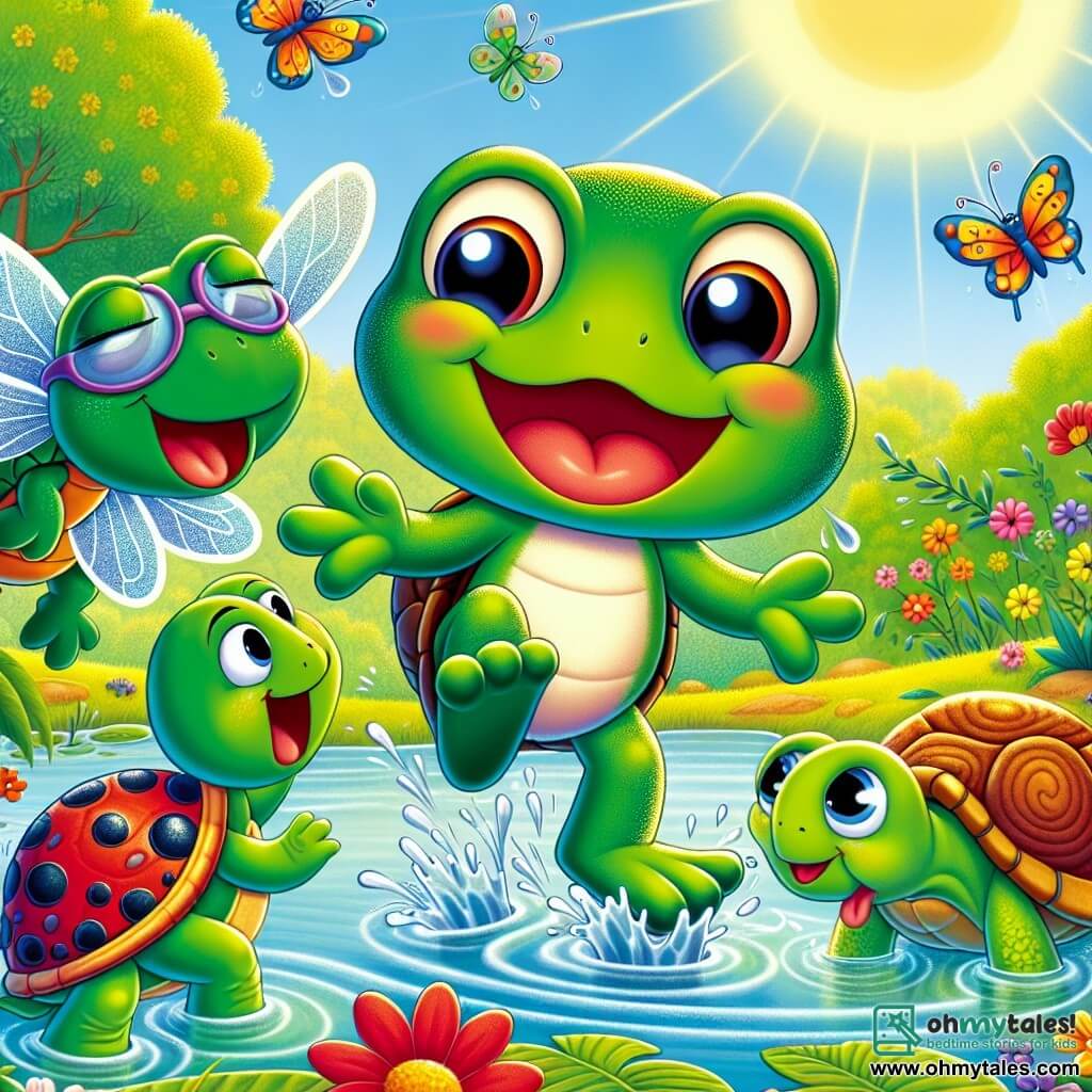 In the center of the image, a small frog named Freddie, with shiny green skin and large expressive eyes, joyfully jumps at the edge of a pond, a big smile on his face. Next to him, Tilly the turtle, with her colorful shell and mischievous eyes, looks at Freddie with admiration, ready to help. In the background, Benny the dragonfly, with shimmering translucent wings, flies around them, while Lucy the ladybug, with her small black spots on a bright red back, lands on a leaf, enthusiastically observing the scene. The setting is a sunny pond surrounded by vibrant flowers and tall trees with lush green leaves, where the water sparkles under the sun's rays. The main scene shows Freddie and his friends filling leaves with water from a magical well, with joyful splashes around them as they strive to save their endangered pond.