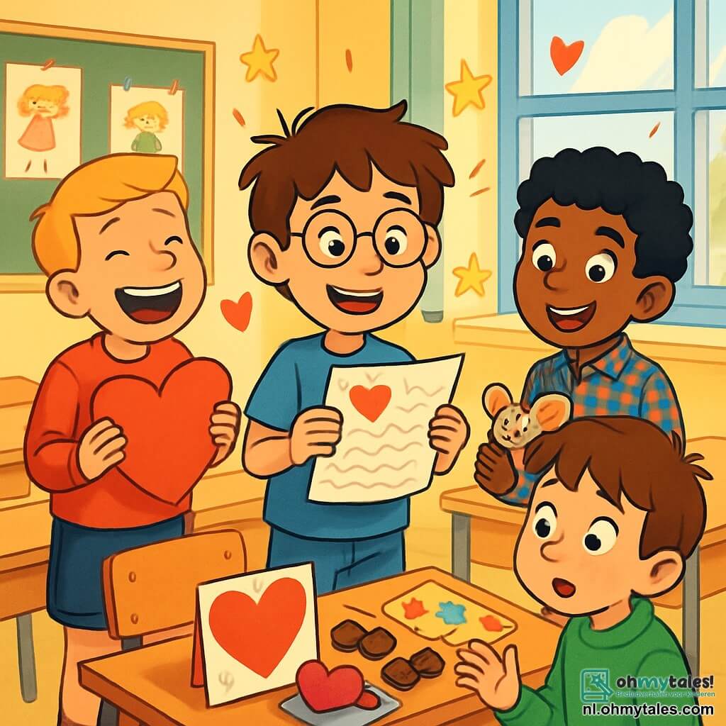 Er zijn 4 kinderen: - Timo: een 10-jarig jongen met rommelig bruin haar en een bril met ronde glazen. Hij draagt een blauwe t-shirt en een spijkerbroek. Timo staat in het midden, glimlachend, met een gedicht in zijn handen. - Bas: een 10-jarig jongen met kort blond haar en een grote glimlach. Hij is gekleed in een rode trui en een korte broek. Bas staat links van Timo, lachend met een grote hartvormige kaart in zijn handen. - Amir: een 10-jarig jongen met krullend zwart haar en sprankelende ogen. Hij draagt een geruite overhemd en beige broek. Amir staat rechts van Timo, met een klein muisje van papier versierd met glitters. - Noah: een 9-jarig jongen met bruin haar en sproeten op zijn neus. Hij draagt een groene sweatshirt en een spijkerbroek. Noah staat iets naar achteren, met een verraste en verwonderde blik, terwijl hij de verrassingen op zijn tafel ontdekt. De locatie is een lichte klaslokaal met gele muren en kindertekeningen aan de muur. Houten bureaus staan in rijen, en een groot raam laat zonlicht binnen. Op Noah's tafel liggen hartvormige chocolade, een kleurrijke kaart en een klein muisje van papier. De hoofdscène toont de kinderen die Valentijnsdag vieren, met stralende glimlachen en blije ogen. Timo, Bas en Amir kijken enthousiast naar Noah, terwijl Noah verwonderd de verrassingen ontdekt die op hem wachten. Harten en sterren schitteren om hen heen, wat een magische sfeer toevoegt aan dit moment van vriendschap en geluk.