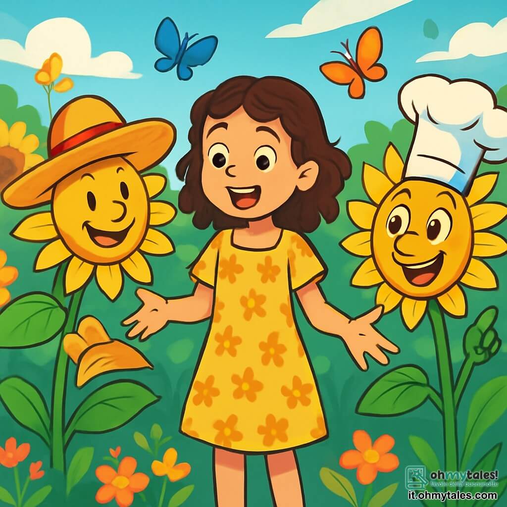 Una ragazza di 12 anni, Nina, con capelli ricci e castani e occhi pieni di curiosità, si trova al centro di un giardino dai colori vivaci. Indossa un vestito giallo a fiori e ha un grande sorriso meravigliato, con le braccia aperte come se stesse accogliendo il mondo. A destra, un girasole gigante con un viso sorridente e un cappello a forma di sombrero si inclina verso di lei, i suoi petali dorati brillano al sole. A sinistra, un altro girasole con un cappello da chef gesticola con entusiasmo, con occhi rotondi e gioiosi. Il giardino è un luogo magico, pieno di girasoli giganti che danzano al ritmo del vento, con colori vivaci di giallo, verde e blu. Farfalle multicolori volano intorno, aggiungendo un tocco di magia all'atmosfera. Nina, circondata da questi girasoli animati, sta discutendo con loro, le mani alzate, come se stesse raccontando una storia incredibile. L'espressione sul suo volto mostra una gioia contagiosa, mentre i girasoli la ascoltano attentamente, impazienti di scoprire cosa ha da dire.