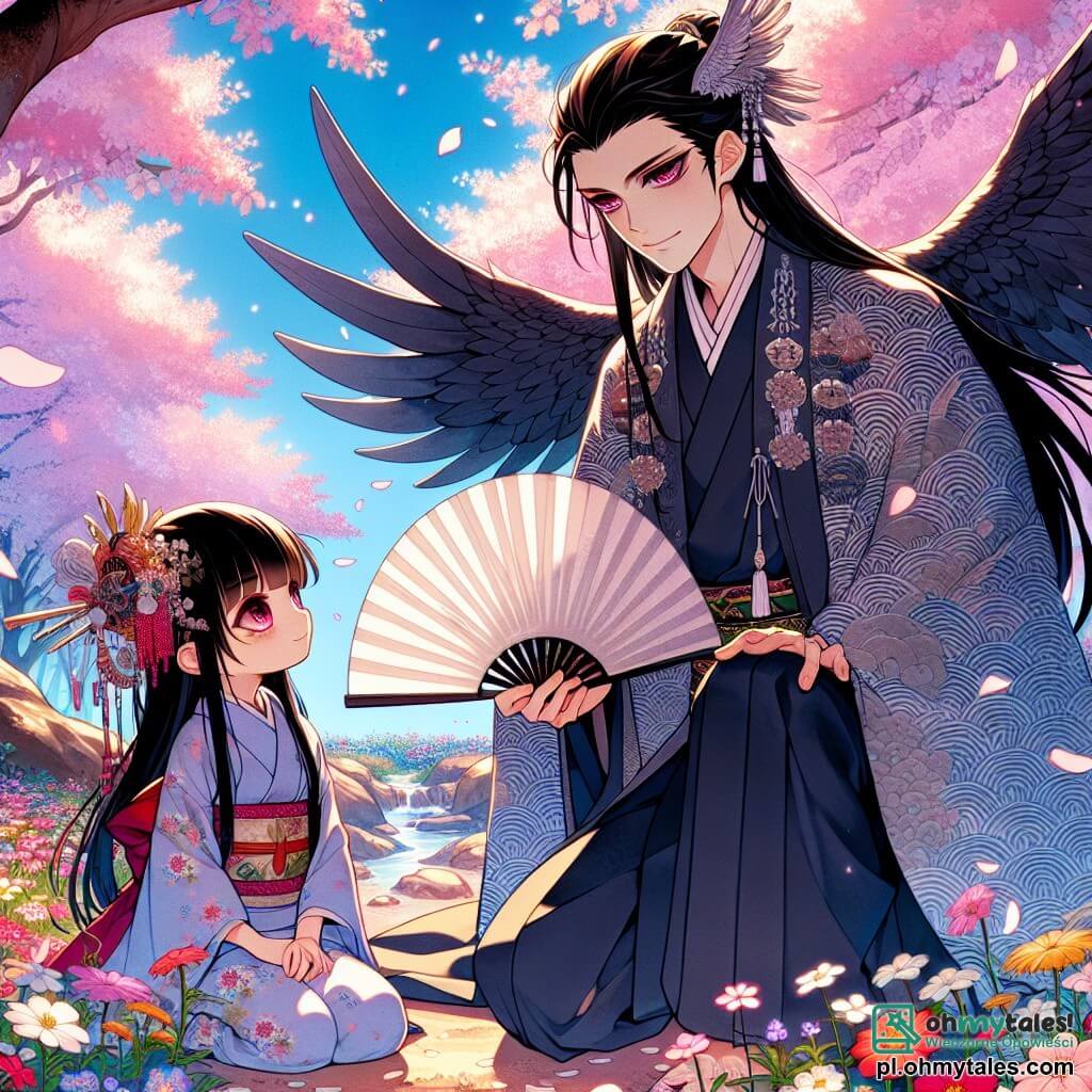 Kenji, mężczyzna w wieku około trzydziestu lat, nosi granatowy kimono ozdobione srebrnymi wzorami fal. Jego twarz wyraża determinację, oczy błyszczą nadzieją, a na ustach pojawia się lekki cień smutku. W prawej ręce trzyma elegancki biały wachlarz, gotowy stawić czoła swojemu losowi. Obok niego znajduje się Akiko, ośmioletnia dziewczynka z długimi czarnymi włosami i błyszczącymi oczami pełnymi ciekawości. Patrzy na Kenjiego z podziwem, siedząc na kamieniu, otoczona kolorowymi dzikimi kwiatami. Scena rozgrywa się na słonecznej polanie w sercu japońskiego lasu, gdzie kwitnące wiśnie tworzą piękny sufit z różowych płatków. Łagodny szum pobliskiego strumienia dodaje atmosferze spokoju. Kenji i Akiko stoją naprzeciwko siebie, gotowi zmierzyć się z tajemniczym Kurotengu, demonem o czarnych skrzydłach, który unosi się nad nimi, rzucając niepokojący cień na ziemię.