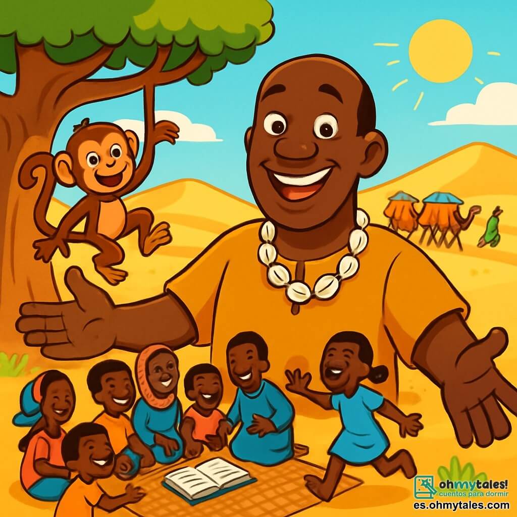 Un hombre llamado Kofi, de unos cuarenta años, con manos grandes y robustas, lleva un collar de conchas que brilla al sol. Su rostro es sonriente y cálido, sus ojos brillan de entusiasmo mientras se mantiene de pie, con los brazos abiertos, como para recibir a sus vecinos. A su lado, un pequeño mono llamado Zamba, travieso y curioso, tiene ojos brillantes y pelaje marrón. Está colgado de una rama de árbol, riendo alegremente, listo para saltar. El escenario es un cruce de caminos de caravanas, rodeado de dunas de arena dorada que brillan bajo el sol. Un gran baobab, con sus ramas extendidas como brazos acogedores, se alza cerca, ofreciendo sombra. Se ven caravanas coloridas, cargadas de mercancías, a lo lejos, añadiendo vida a la escena. La situación principal muestra a Kofi y Zamba reuniendo a los aldeanos alrededor de una gran estera tejida, donde comparten risas e historias, creando una atmósfera de camaradería y armonía. Los niños juegan a su alrededor, mientras los adultos intercambian sonrisas, ilustrando el espíritu de comunidad y compartir.