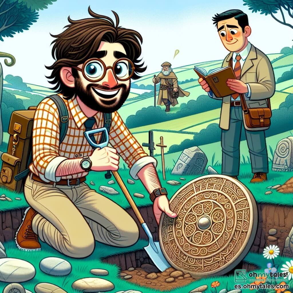 Un hombre, Pablo, está en el centro de la imagen. Tiene el cabello castaño desordenado, gafas redondas y una gran sonrisa de emoción en su rostro. Lleva una camisa de cuadros y un pantalón beige, sosteniendo una pala en una mano y un antiguo escudo celta en la otra, admirando su descubrimiento con ojos brillantes de alegría. A su lado, Miguel, un hombre de unos 30 años, tiene el cabello corto y una barba bien cuidada. Está tomando notas en un cuaderno, con la vista fija en el hermoso escudo, mostrando una expresión de asombro. El sitio de excavación se encuentra en una colina verde de Galicia, rodeado de árboles majestuosos y flores coloridas. El suelo está cubierto de piedras y restos antiguos, mientras que una pequeña cueva se dibuja al fondo, dejando entrever objetos misteriosos en su interior. La escena principal muestra a Pablo y Miguel descubriendo un antiguo escudo celta, iluminado por el sol, mientras trabajan juntos para desenterrar los secretos del pasado, llenos de entusiasmo y curiosidad.