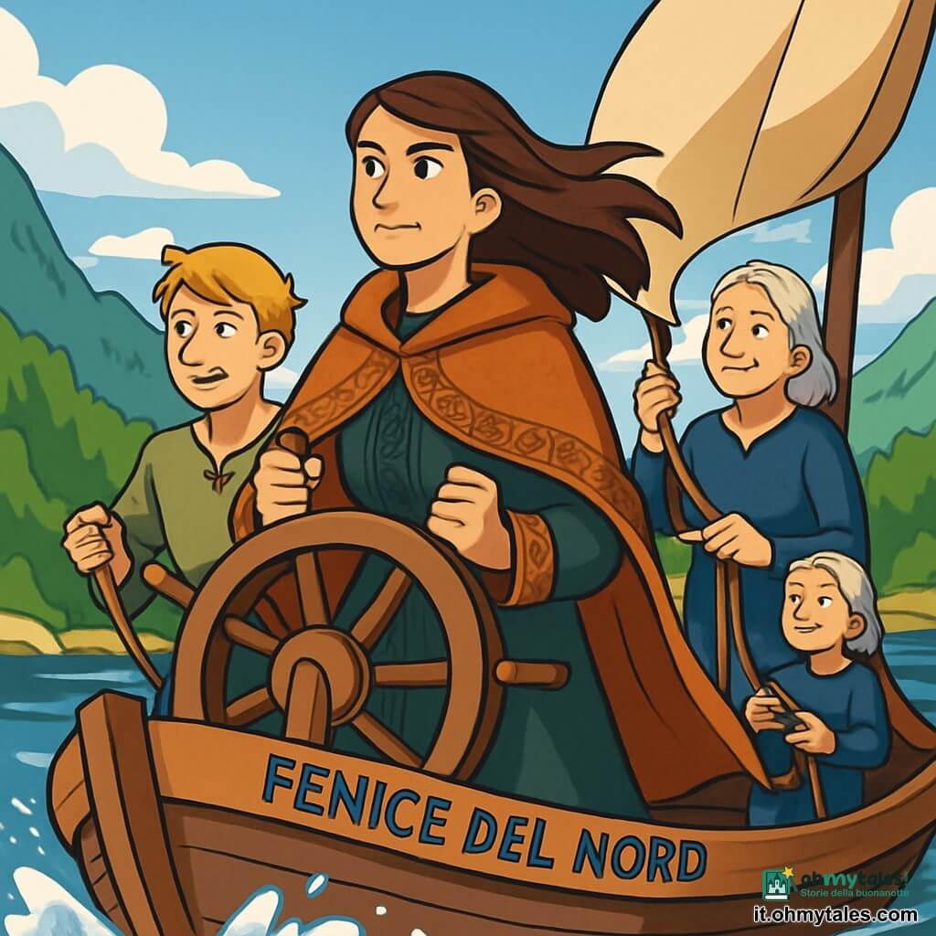 Runa, una donna di circa trent'anni, sta orgogliosamente al timone della barca "Fenice del Nord". I suoi lunghi capelli castani fluttuano nel vento e il suo viso esprime determinazione e saggezza. Indossa un cappotto di lana spessa, decorato con motivi vichinghi, e le sue mani sono salde sul legno del timone, pronte ad affrontare le onde. Accanto a lei, Soren, un giovane di 20 anni con capelli biondi e occhi curiosi, aggiusta la vela. Indossa una tunica di lino e sembra concentrato, ma un sorriso si disegna sulle sue labbra. Più lontano, Helga, una donna anziana di circa 60 anni con capelli argentati e rughe che raccontano storie, osserva il mare con benevolenza, tenendo una corda tra le mani. Il luogo è un vasto fiordo, circondato da montagne ripide e foreste verdi. L'acqua scintilla sotto il sole e nuvole bianche fluttuano in un cielo blu brillante. La barca scivola dolcemente sulle onde, creando spruzzi d'acqua cristallina. La scena principale mostra Runa e il suo equipaggio in piena traversata, determinati a navigare attraverso una tempesta imminente. Il vento soffia forte e le onde iniziano a sollevarsi, ma il loro spirito di squadra e il loro coraggio brillano attraverso la tempesta in arrivo.