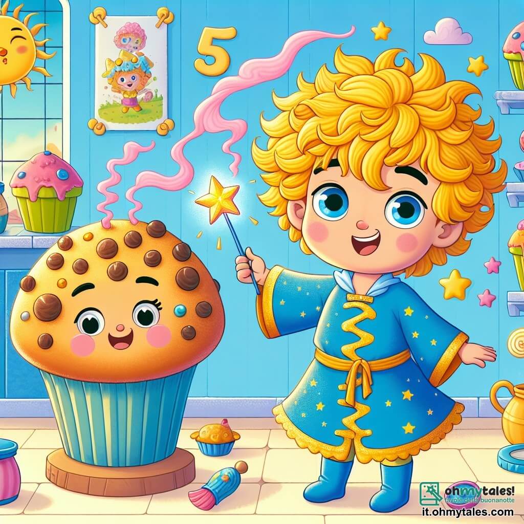Al centro dell'immagine, un bambino di 5 anni di nome Zucchero, con capelli ricci e gialli come il sole, indossa una tunica blu decorata con stelle dorate. Ha occhi brillanti di gioia e un grande sorriso, mentre danza felicemente con una bacchetta magica in mano, circondato da nuvole di fumo rosa. Accanto a lui, un muffin gigante di nome Muffinino, con un volto sorridente e occhi rotondi, si trova su un tavolo. Muffinino ha una consistenza dorata e soffice, con gocce di cioccolato che brillano. Canta e balla, aggiungendo all'atmosfera festosa della scena. La scena si svolge in una cucina colorata, piena di barattoli di dolci, torte e frutta. I muri dipinti di azzurro chiaro sono decorati con disegni di animali e caramelle, mentre una finestra lascia entrare la luce del sole, illuminando la stanza in modo caldo. Zucchero e Muffinino si divertono a ballare e cantare insieme, creando un'atmosfera gioiosa e magica, mentre un drago di marshmallow colorato vola felicemente fuori dalla finestra, attratto dalla musica coinvolgente.