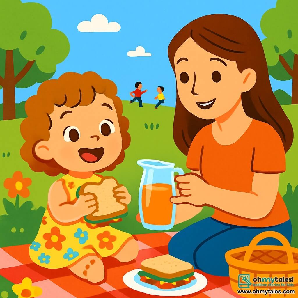 A 2-year-old girl with big bright eyes and curly hair joyfully smiles while holding a sandwich in her small hands. She wears a light, colorful dress with floral patterns. Next to her, her mother, a smiling woman around 30 with long brown hair, sits on a picnic blanket, pouring her a glass of juice. The setting is a sunny park with lush green trees, vibrant flowers, and a clear blue sky. Children play in the distance, and the grass is a vivid green. The main scene shows the little girl and her mother sharing a happy moment during their summer picnic, surrounded by laughter and joy, while the girl happily tells her mother a story.