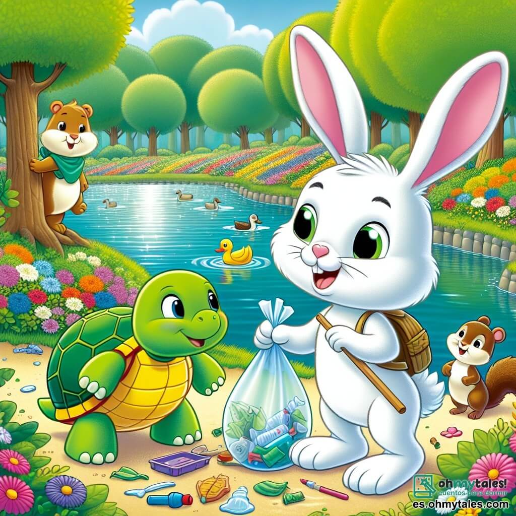Un pequeño conejo blanco llamado Lino, con grandes orejas y ojos brillantes de determinación, está recogiendo basura al borde de un estanque. Tiene una sonrisa orgullosa en su rostro, mostrando su alegría por ayudar a la naturaleza. A su lado, Tino, una tortuga verde con un caparazón colorido, mira a Lino con admiración, sosteniendo una botella de plástico en sus patas delanteras, mientras sonríe de manera alentadora. Lila, una pequeña ardilla marrón con una cola esponjosa, sube a un árbol cercano, agitando un cartel colorido que dice "¡Protejamos nuestro estanque!" con entusiasmo. El lugar es un parque vibrante, lleno de flores multicolores, grandes árboles verdes y un estanque brillante bajo el sol, donde patos nadan alegremente. La escena muestra a Lino y sus amigos unidos en una misión de limpieza, ilustrando la importancia de cuidar el medio ambiente con alegría y camaradería.