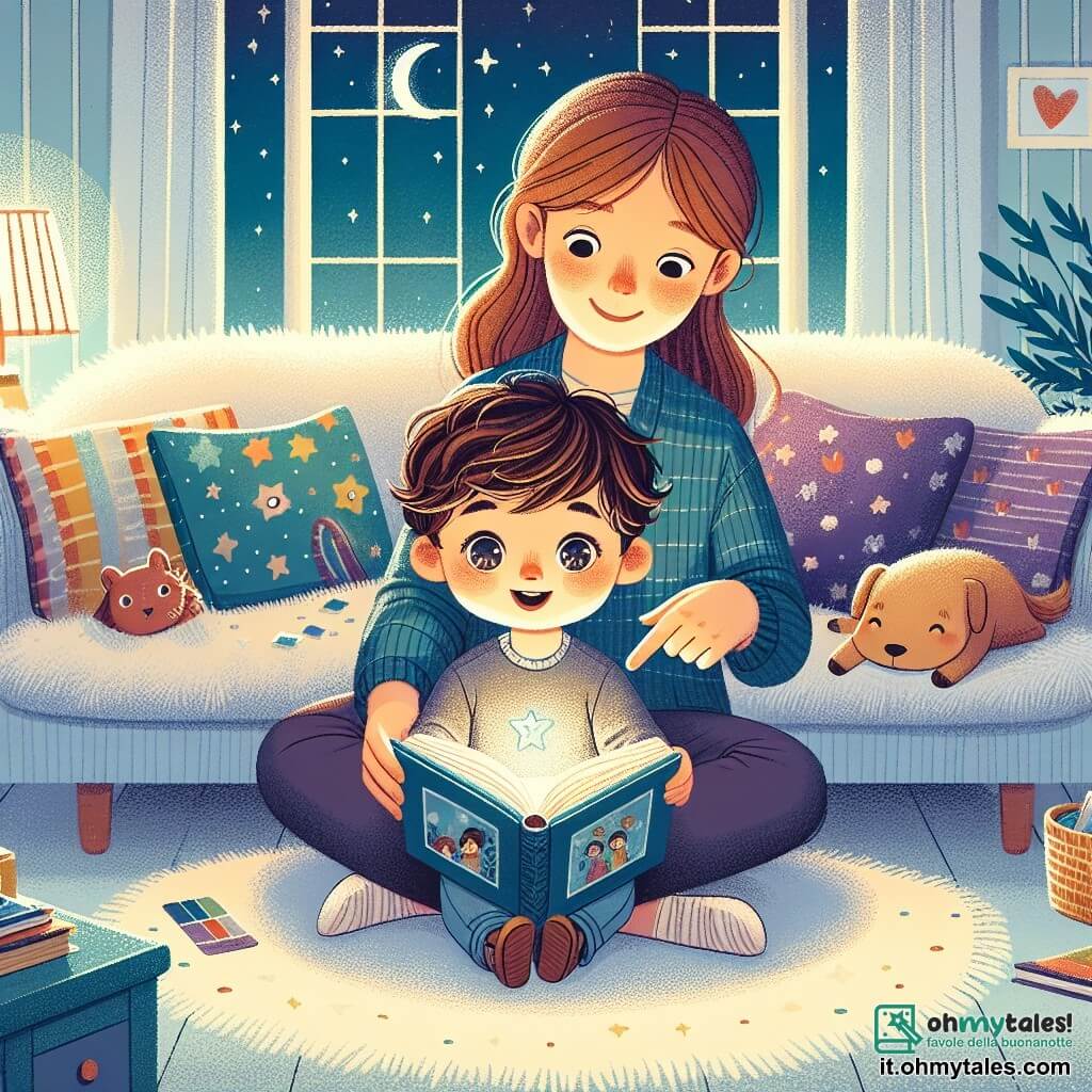 Un bambino di 2 anni, con capelli castani e occhi brillanti, è seduto su un divano morbido, tenendo un libro aperto tra le mani. Il suo viso esprime curiosità e una leggera apprensione, mentre una dolce luce di una lampada da comodino illumina il suo volto e le pagine del libro. Accanto a lui, sua madre, una donna di circa 30 anni con lunghi capelli castani, sorride calorosamente. È seduta sul bordo del divano, leggermente inclinata verso di lui, e indica un'illustrazione nel libro, creando un'atmosfera rassicurante. La scena si svolge in un salotto accogliente, con pareti dipinte di azzurro pastello, cuscini colorati sparsi sul divano e giocattoli in disordine sul pavimento. Una finestra mostra un cielo stellato, aggiungendo un tocco magico alla notte. Il bambino, ascoltando attentamente sua madre, inizia a sentirsi più coraggioso di fronte all'oscurità, pronto a esplorare le storie nascoste nel libro.