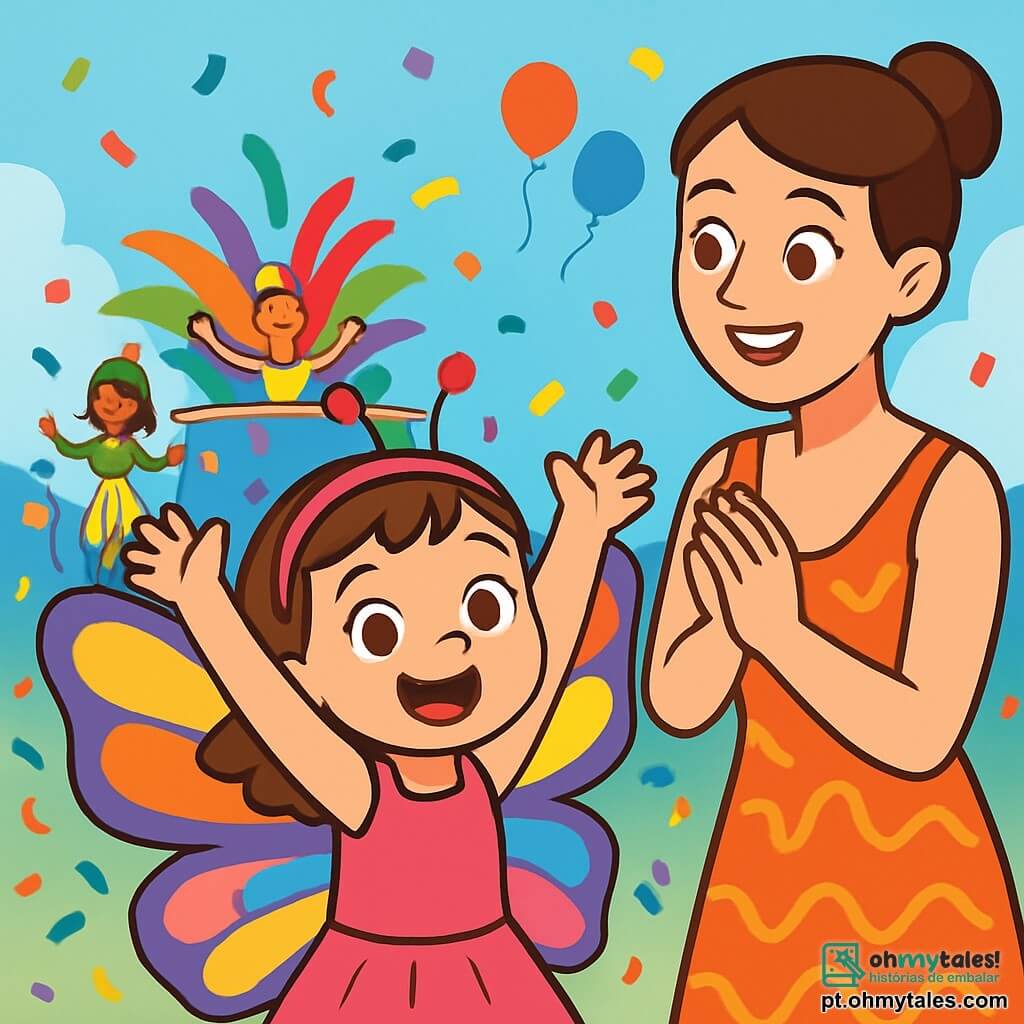 Uma menina de 4 anos, Marina, com grandes olhos brilhantes e um sorriso radiante, veste um lindo traje de borboleta com asas multicoloridas. Ela dança alegremente, levantando os braços para o céu, cercada por confetes coloridos que caem ao seu redor. Ao seu lado, sua mãe, uma mulher sorridente na casa dos trinta anos, com cabelos castanhos presos em um coque, usa um vestido festivo e observa a filha com orgulho, aplaudindo sua dança. Ao fundo, um carnaval animado acontece, com carros alegóricos decorados com penas brilhantes, pessoas em fantasias variadas dançando e cantando, e balões flutuando em um céu azul claro. A cena principal mostra Marina se divertindo no coração da festa, cercada de música e risadas, em um mundo mágico onde alegria e cor se misturam.