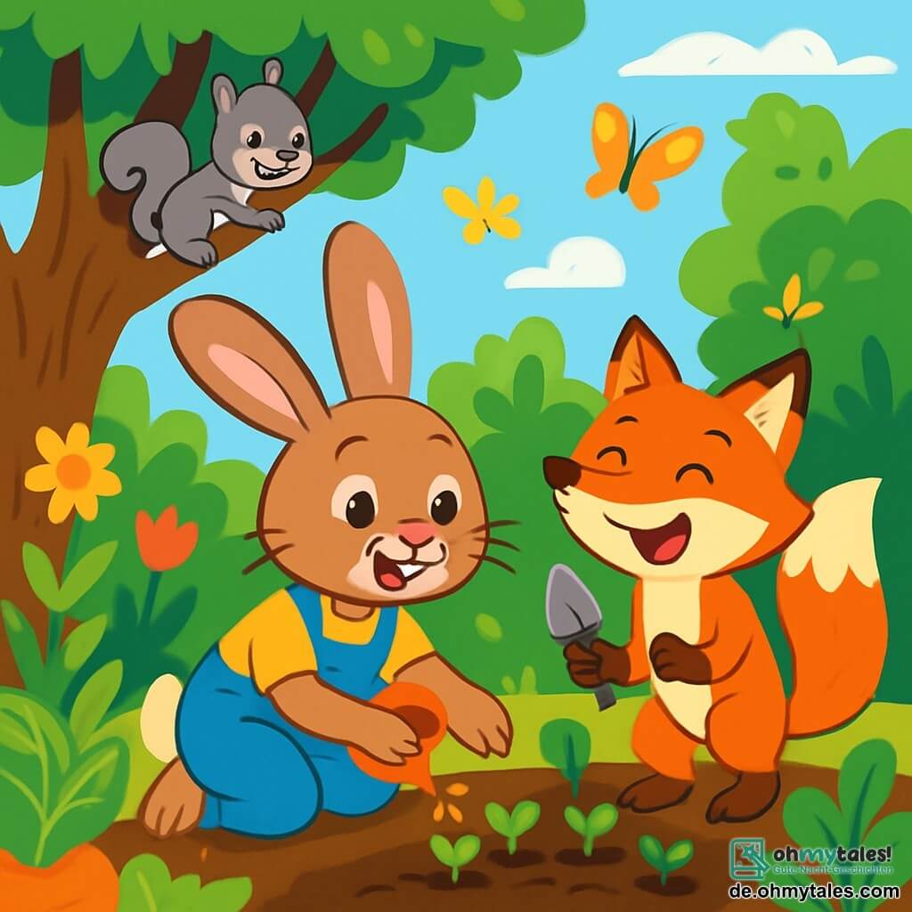 Molly, ein kleiner Hase mit großen Ohren und weichem, braunem Fell, pflanzt fröhlich Samen in einem sonnigen Gemüsegarten. Sie hat ein strahlendes Lächeln und funkelnde Augen vor Aufregung. Neben ihr lacht Felix der Fuchs mit seinem leuchtend orangefarbenen Fell und dem buschigen Schwanz, während er eine kleine Schaufel hält, seine Augen glänzen vor Schalk. Lilli, ein schelmisches Eichhörnchen mit grauem Fell und kleinen, wendigen Pfoten, klettert auf einen nahegelegenen Baum und beobachtet neugierig und verspielt ihre Freunde. Der Ort ist ein üppiger Garten, gefüllt mit bunten Blumen, leuchtend grünen Gemüse und schwirrenden Schmetterlingen unter einem klaren blauen Himmel. Sonnenstrahlen filtern durch die Blätter der Bäume und erzeugen tanzende Schatten auf dem Boden. Die Hauptsituation zeigt Molly und ihre Freunde, die begeistert zusammenarbeiten, um Gemüse anzubauen, während sie Lachen und Freude teilen und lernen, die Natur um sie herum zu respektieren.