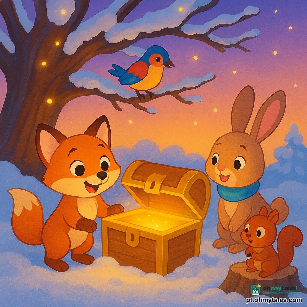 Um pequeno raposo chamado Nico, com pelagem caramelo e olhos brilhantes de curiosidade, está alegremente diante de uma grande caixa dourada meio enterrada na neve. Ao seu lado, uma lebre chamada Lili, usando um cachecol azul, sorri maravilhada ao olhar o conteúdo da caixa. Um pássaro colorido, Pipo, está empoleirado em um galho acima, com as asas ligeiramente abertas, observando a cena com interesse. Um esquilo travesso, Dudu, está sentado em um toco próximo, com os olhos bem abertos de surpresa. A cena acontece sob uma velha e majestosa árvore com galhos cobertos de neve, iluminada por pequenas luzes cintilantes como estrelas. O chão está coberto por uma espessa camada de neve branca, e o céu está tingido de tons dourados e lilases do pôr do sol.