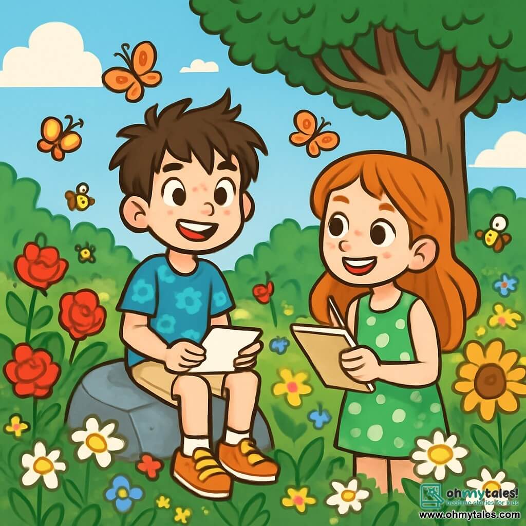 A 10-year-old boy named Oliver, with messy brown hair and sparkling curious eyes, is sitting on a large rock in a wild garden. He wears a blue t-shirt with flower patterns and beige shorts, displaying a joyful and determined smile. Next to him is Emily, a 9-year-old girl with long red hair and freckles, looking at Oliver with an enthusiastic expression. She wears a green polka dot dress and holds a notebook in her hands, ready to write. The garden is a vibrant tableau, filled with colorful flowers growing haphazardly, including red roses, yellow sunflowers, and white daisies. Butterflies flutter around and bees buzz happily, while a large shady oak tree stands in the background, its branches extending like welcoming arms. The scene shows Oliver and Emily writing a letter about the importance of preserving the wild beauty of the garden, surrounded by vibrant nature and under a blue sky dotted with fluffy white clouds.