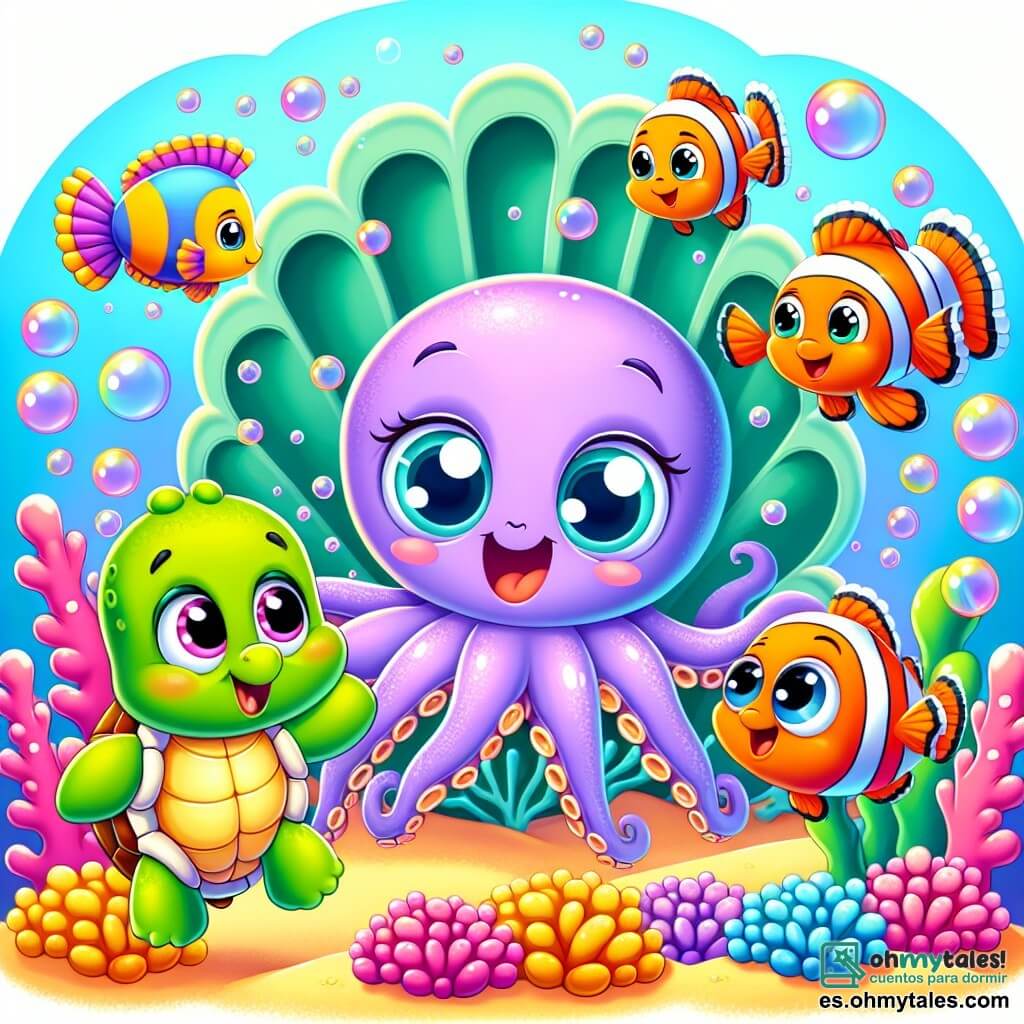 Un pequeño pulpo lila llamado Pepo, con tentáculos alegres y ojos brillantes de emoción, está en el centro de la escena, sonriendo ampliamente con burbujas de felicidad a su alrededor. A su derecha, una tortuga verde llamada Tina, con un caparazón decorado de patrones coloridos, mira a Pepo con una sonrisa tímida, sus ojos brillando de amistad. A la izquierda, un pez payaso llamado Lolo, de colores vivos naranja y blanco, se infla de alegría, listo para lanzarse a la carrera, con sus aletas vibrantes en movimiento. Al fondo, una escuela submarina en forma de concha, rodeada de corales multicolores y peces nadando alegremente, crea una atmósfera festiva y acogedora. La escena muestra a Pepo y sus amigos jugando juntos en el jardín de la escuela, riendo y animándose para una carrera de relevos entre corales, llenos de energía y camaradería.