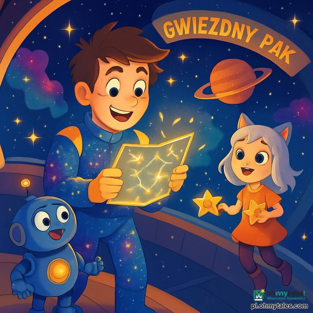 Mężczyzna, kapitan Marek, stoi na pokładzie swojego statku kosmicznego, jego twarz oświetlona jest światłem gwiazd. Ma rozczochrane brązowe włosy, błyszczące oczy pełne determinacji i nosi lśniącą kombinezon kosmiczny z wzorami galaktyk. Marek z zachwytem patrzy na magiczną mapę, która świeci w jego rękach, jego wyraz twarzy jest skoncentrowany i radosny. Obok niego mały robot o imieniu Pik, z okrągłym ciałem i migającą lampką na brzuchu, z ciekawością obserwuje mapę. Jest bardzo podekscytowany, jego oczy błyszczą jasnym światłem. Dalej, Luna, 8-letnia dziewczynka z srebrnymi włosami i uszami kota, unosi się lekko w powietrzu, jej zafascynowane spojrzenie skierowane jest ku gwiazdom. Trzyma mały bębenek w kształcie gwiazdy, gotowa do zagrania melodii. Tło to rozległa przestrzeń kosmiczna, usiana migoczącymi gwiazdami i kolorowymi mgławicami, z odległymi planetami błyszczącymi jak klejnoty. Statek kosmiczny, Gwiezdny Pąk, otoczony jest delikatnym złotym blaskiem, a wokół niego tańczą nitki światła. Główna sytuacja pokazuje Marka i jego przyjaciół odkrywających magiczną mapę, która prowadzi ich do tajemniczego miejsca, podczas gdy wspólnie śpiewają, by pokonać swoje lęki i przynieść światło w ciemność kosmosu.