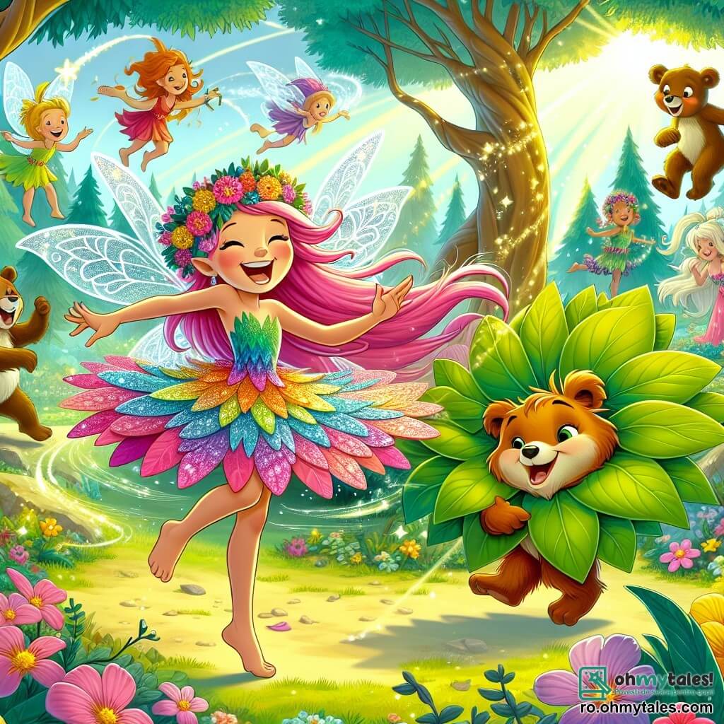 O zână veselă numită Luminita, cu aripi strălucitoare de fulgi de zăpadă și păr lung și roz, dansează în mijlocul unei poieni însorite, cu fața radiante de bucurie. Poartă o rochie din petale de flori multicolore care se învârt în jurul ei în timp ce râde cu poftă. Aproape, o frunză jucăușă, Frunza Magica, o frunză mare verde cu margini aurii, plutește în aer, zâmbind jucăuș, gata să se distreze cu Luminita. Locul este o poiană fermecată, înconjurată de copaci majestuoși cu trunchiuri groase și frunziș strălucitor, unde flori luminoase dansează în ritmul vântului și razele soarelui pătrund printre crengi, creând jocuri de umbre și lumini. Situația principală arată cum Luminita și Frunza Magica dansează împreună, înconjurate de animale amuzante precum iepuri jongleri și urși muzicieni, toate râzând și distrându-se, creând o atmosferă de sărbătoare veselă și magică.