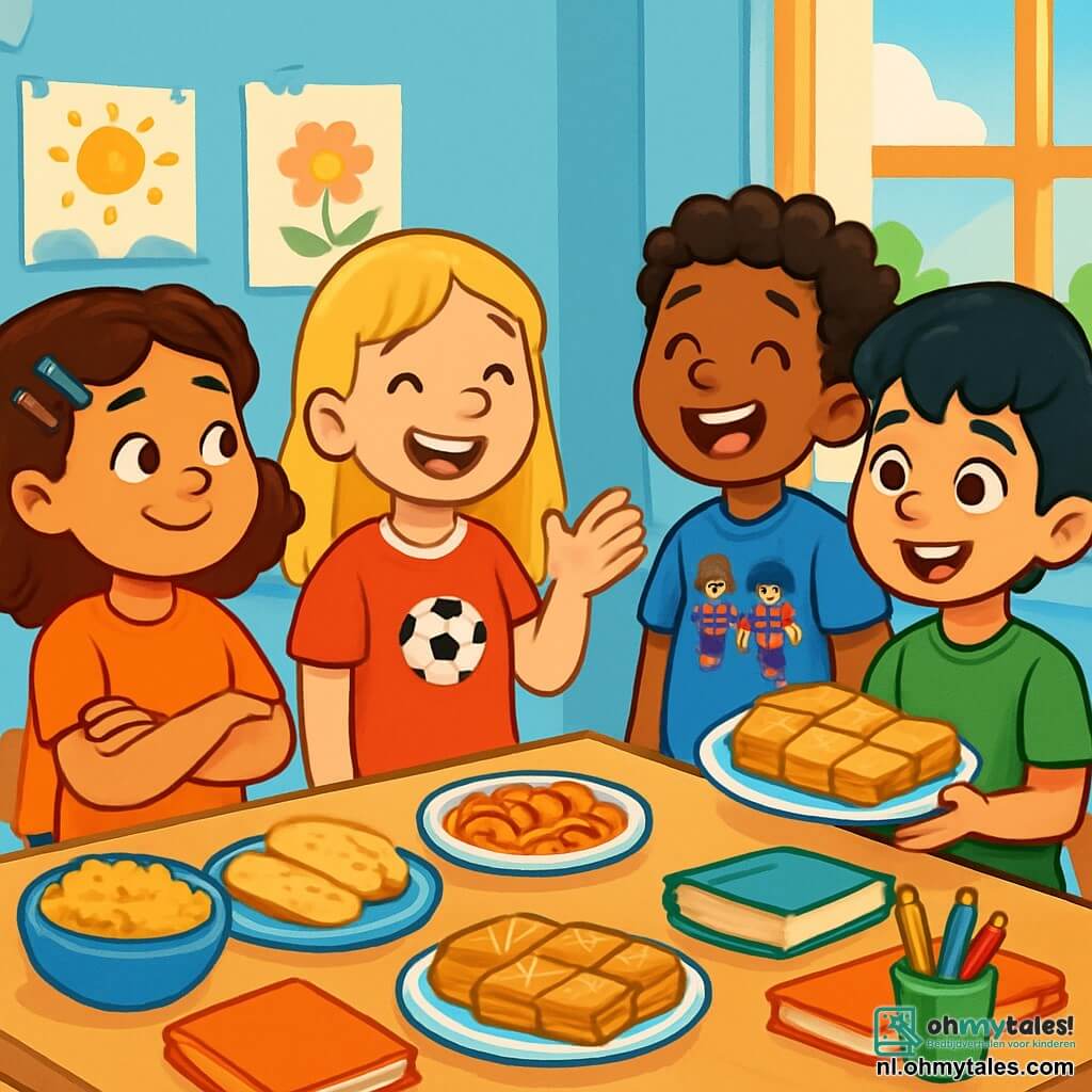 Er zijn 4 kinderen: - Sara: een 8-jarig meisje met bruin, krullend haar en kleurige speldjes. Ze glimlacht vrolijk en staat links met haar armen gekruist, kijkend naar haar vrienden. - Noa: een 8-jarig meisje met blond haar en een grote glimlach, gekleed in een voetbalshirt. Ze staat in het midden en maakt een vriendelijke gebaar met haar hand. - Amir: een 8-jarige jongen met mooi zwart haar en sprankelende ogen, in een groen shirt. Hij staat rechts en houdt een bord baklava vast, trots zijn gerecht tonend. - Jayden: een 8-jarige jongen met kroeshaar en een grote glimlach, in een shirt met superhelden. Hij staat iets verder naar achteren, lachend en luisterend naar Amir. De locatie is een heldere, kleurrijke klaslokaal met lichtblauwe muren en tekeningen van kinderen aan de muren. Er staat een grote tafel in het midden, bedekt met gerechten uit verschillende culturen, met boeken en kleurpotloden verspreid. Het zonlicht komt door de ramen naar binnen en verlicht de ruimte met een warme, uitnodigende sfeer. De situatie laat de kinderen zien die typische gerechten uit hun culturen delen, lachend en met elkaar pratend. Amir legt enthousiast uit hoe je woorden in het Arabisch uitspreekt, terwijl de anderen aandachtig luisteren, wat een moment van saamhorigheid en viering van hun verschillen creëert.