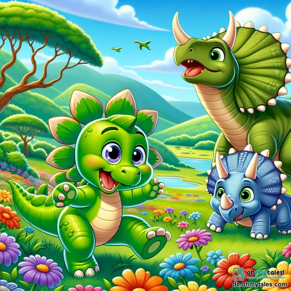 Ein Stegosaurus namens Spike, mit glänzend grüner Haut und bunten Platten auf seinem Rücken, zeigt große Freude, während er in einem Feld mit bunten Blumen springt. Seine Augen funkeln vor Aufregung, als er seine neue Umgebung entdeckt. An seiner Seite lächelt Trixie, ein Triceratops mit majestätischen Hörnern und beiger Haut, während sie ein saftiges Blatt knabbert und neben Spike steht, um diesen glücklichen Moment zu teilen. Im Hintergrund beugt sich ein großer Brachiosaurus namens Benny mit langem Hals und bläulicher Haut, um die Aussicht zu bewundern, was der Szene eine majestätische Note verleiht. Der Ort ist ein wunderschöner, grüner Talboden, übersät mit leuchtenden Blumen und großen Obstbäumen, unter einem klaren blauen Himmel mit fluffigen weißen Wolken. Die Hauptsituation zeigt Spike und seine Freunde, die ihre Ankunft in diesem neuen Lebensraum feiern, voller Freude und Abenteuer, bereit, gemeinsam dieses prähistorische Paradies zu erkunden.