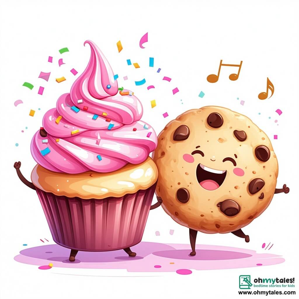 In the center of the image, Sprinkle, a cheerful little cupcake, is depicted with swirling pink frosting and colorful confetti on top. She dances enthusiastically, her eyes sparkling with joy, and her fluffy body seems to vibrate to the rhythm of the music. Next to her, Crunch, a round cookie with chocolate chips, smiles widely, crumbs scattering around him as he applauds Sprinkle with admiration. In the background, Ollie, a green-leafed onion, looks on with a knowing smile, his bright round eyes filled with excitement, while holding decorative garlands. The setting is a festive kitchen adorned with colorful garlands and twinkling lights, with a large table laden with delicious treats to celebrate the New Year. The main scene shows Sprinkle performing a dazzling dance, surrounded by her friends, all ready to celebrate the magic of the new year, with fireworks lighting up the sky outside the window.