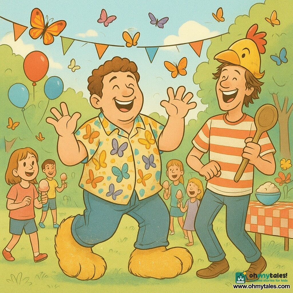 A man named Barry Bumblefoot, with huge fluffy sparkling feet, joyfully dances in the middle of a summer party. His face radiates happiness, with a big smile and sparkling eyes. He wears a colorful butterfly-patterned shirt and denim pants. Next to him, Captain Chuckle, a man in his thirties with a rubber chicken hat, laughs heartily. He has messy hair and wears a striped t-shirt, holding a large wooden spoon ready to serve ice cream. In the background, children of all ages, with joyful faces and ice cream cones in hand, dance and have fun. The setting is a sunny park filled with tables decorated with colorful tablecloths, floating balloons, and bright flowers. Colorful butterflies flutter around, adding a touch of magic to the scene. The main situation shows Barry and Captain Chuckle united to celebrate a big ice cream party, surrounded by laughter and happiness, as butterflies dance around them, symbolizing friendship and joy.