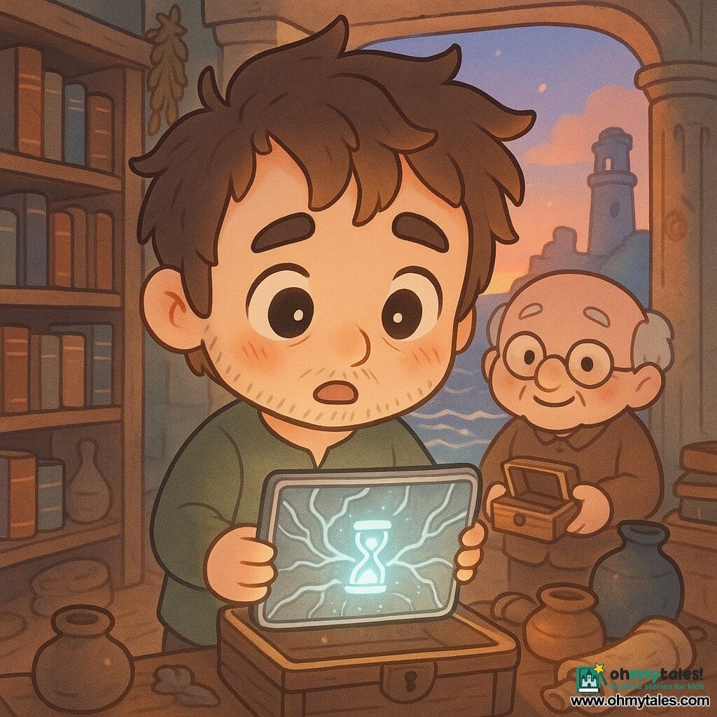 A young man, Alaric, with a gentle face, a stubble beard and tousled brown hair, looks amazed and slightly anxious as he delicately holds a shiny metal map in his curled hands; an elderly bookseller, small and hunched with round glasses and white hair, watches from the back of the shop holding a small open wooden box. The metal map appears alive, its engraved lines glowing like silver rivers with a pulsing hourglass symbol at the center. The scene is an intimate seaside bookshop at dusk — worn wooden shelves, dry seaweed, ancient pillars and a window framing ruined lighthouse stones and glittering gray waves — bathed in warm twilight mixed with the cool glow of the map.
