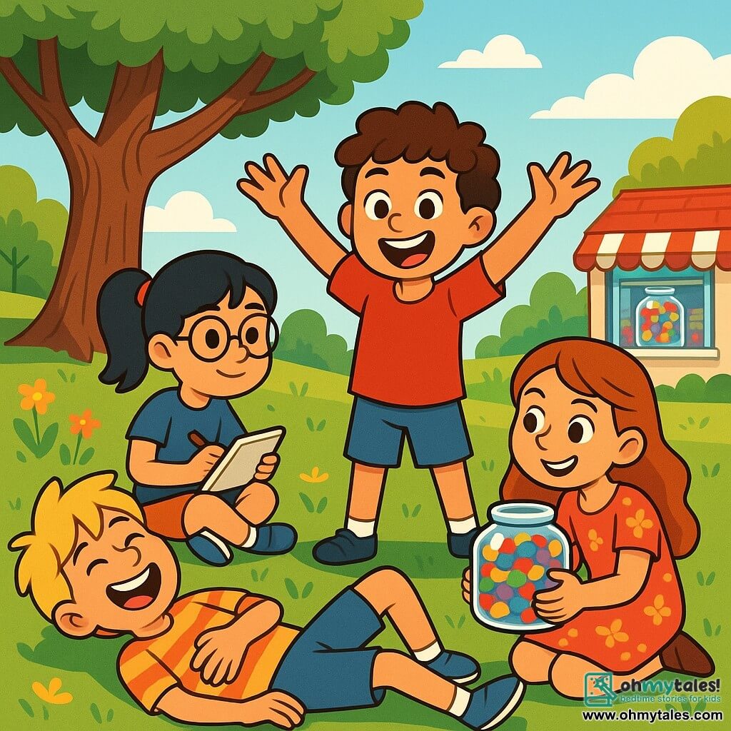 There are four main characters: 

1. **Alex**: a 10-year-old boy with curly brown hair, wearing a red t-shirt and blue shorts. He is standing with his arms raised, grinning widely, full of energy and enthusiasm.

2. **Maya**: a 10-year-old girl with round glasses and black hair tied in a ponytail. She is sitting on the grass with a sketchbook on her lap, drawing the group with a focused expression.

3. **Liam**: a 10-year-old boy with messy blonde hair and a striped t-shirt. He is lying on his back, laughing out loud, one hand on his stomach as if he just told a joke.

4. **Zoe**: a 10-year-old girl with long wavy hair, wearing a floral dress. She is crouched down, holding a huge jar of colorful candies, ready to share with her friends, a mischievous smile on her face.

The setting is a sunny park filled with majestic trees and vibrant flowers. In the center, a gnarled old oak provides shade, and the grass is a bright green, scattered with colorful petals. In the background, there is a small candy store with a display case full of treats.

The main situation shows the four friends planning a bold mission to steal a huge jar of jellybeans from the candy store, with determined and excited expressions on their faces, ready for a hilarious adventure together.