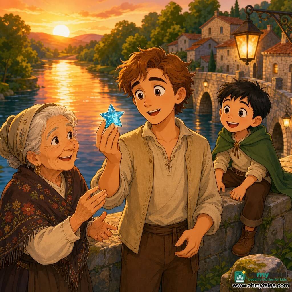 A young man named Luka, amazed and gentle, with large curious eyes and messy light-brown hair, wearing a simple beige linen jacket and brown trousers, holds a small sparkling blue glass star to show the villagers; an elderly village storyteller, about 70, with a wrinkled but kind face and an embroidered shawl, stands left of Luka smiling and reaching for the star beside a mossy stone; an energetic 8-year-old boy with short black hair and a small green cloak sits on the parapet of the old stone bridge behind them, watching; setting: an old stone bridge over a wide river glowing gold in the sunset, lanterns hanging from the arches, green woodland and distant stone village houses with tiled roofs; main scene: Luka returns at dusk showing the blue star, warm sunlight and lantern light create a magical, reassuring atmosphere with joyful, amazed expressions, soft colors and a clear, child-friendly style.