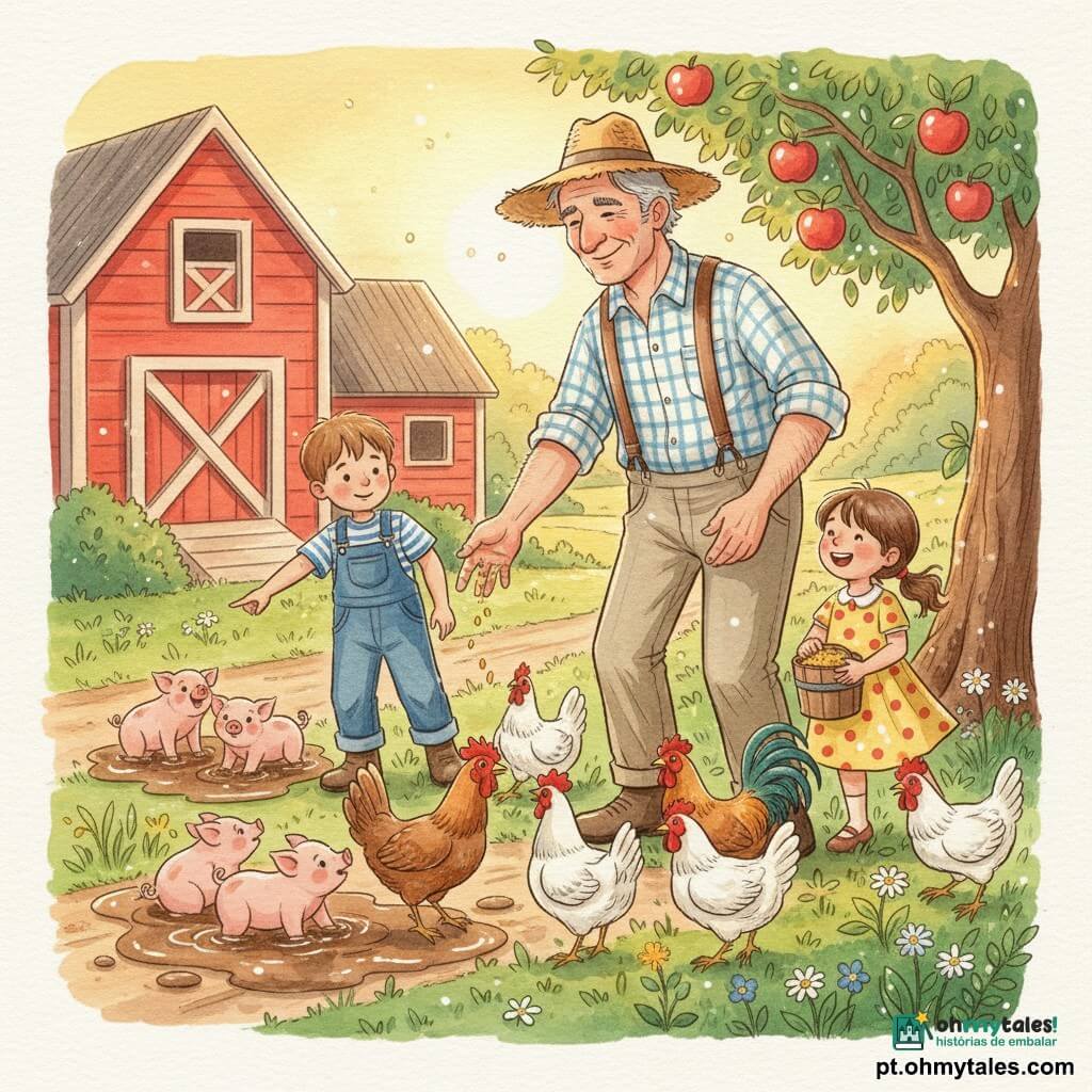 Um agricultor alto e sorridente, rosto enrugado e chapéu de palha, veste camisa xadrez e suspensórios e alimenta as galinhas jogando grãos; à direita, Ana, cerca de 7 anos, rabo de cavalo e vestido amarelo com manchas vermelhas, segura um balde pequeno de milho e ri; à esquerda, um pouco atrás, Pedro, cerca de 8 anos, cabelo curto castanho e jardineira jeans, observa e aponta para os leitões rolando na lama; cenário: fazenda ensolarada com galinheiro de madeira vermelho, macieira com maçãs brilhantes, relva com flores silvestres e caminho de terra clara; momento de partilha calmo e alegre, luz dourada do entardecer, estilo aquarela suave com traços arredondados e detalhes em caneta gel branca nos reflexos.