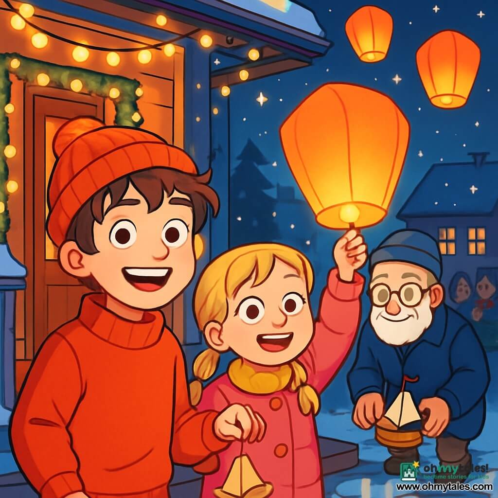 A 12-year-old boy with messy brown hair and sparkling eyes stands on the porch of his house. He wears a bright red sweater and a wool hat, smiling with excitement and wonder. Beside him is his sister Lila, an 8-year-old girl with blonde braids and a pink coat, waving a paper lantern, her eyes shining with joy. Their grandfather, an elderly man with a white beard and round glasses, stands behind them, holding a small wooden boat, ready to place it on a puddle. The porch is decorated with twinkling lights and falling snowflakes, creating a festive atmosphere. In the background, the night is illuminated by stars and lanterns, while neighbors laugh and exchange New Year wishes. The boy and his family are preparing to release their lanterns into the sky, filled with hope and dreams for the new year.
