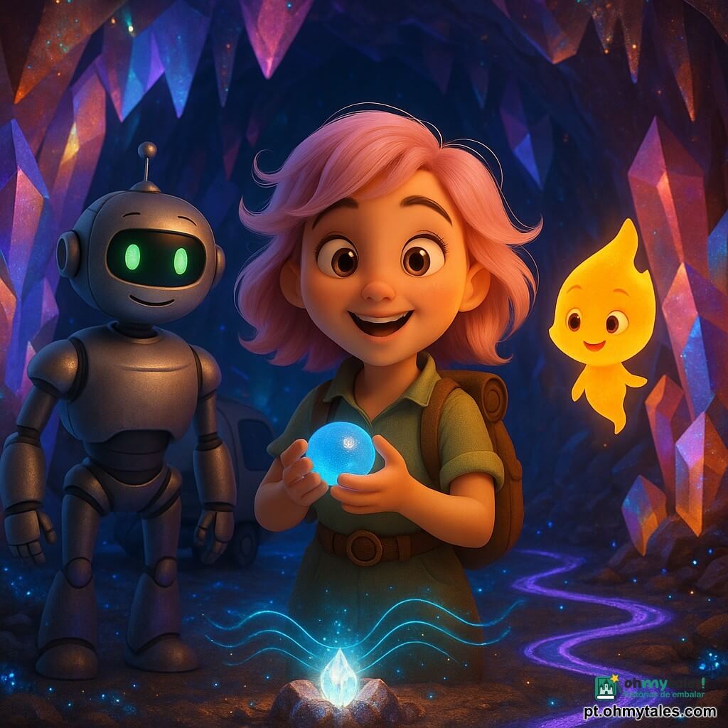 Uma jovem exploradora, alegre e maravilhada, cabelos rosa-pálido esvoaçantes, olhos grandes e brilhantes, segura uma pequena esfera luminosa azul e escuta; ao lado dela, um robô capitão chamado Astro, corpo metálico prateado liso, olhos LED verdes, sorri e espera perto de um módulo de transporte; um pequeno ser de luz, chama translúcida amarelo‑alaranjada, flutua ao nível do ombro e guia o caminho; local: caverna de cristais gigantes com paredes prismáticas e reflexos arco-íris, estalactites cintilantes, chão com musgo azul luminoso e riachos de néon violeta; situação: a jovem no centro registra uma melodia com a esfera, ondas luminosas saindo da pedra central cintilante; ambiente suave, cores vivas, iluminação quente e mágica, texturas lisas e brilhantes, composição centrada e acolhedora para criança.