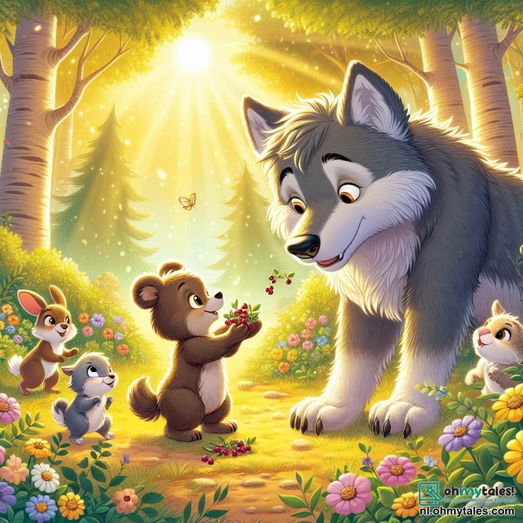 Een grote wolf met grijze, warrige vacht, scherpe ogen en een verraste uitdrukking staat in het midden van een zonnige open plek, omringd door kleurrijke bloemen. Hij kijkt nieuwsgierig naar een groepje kleine dieren en beseft dat hij niet alleen is. Aan zijn rechterkant staat een zachte, mollige beer met een bruine vacht en sprankelende vriendelijke ogen, die vrolijk glimlacht terwijl hij een hand vol bessen aanbiedt. Aan zijn linkerkant springt een klein konijn met grote oren en een witte vacht, met een speelse uitdrukking, op de plaats, klaar om de bessen met de wolf te delen. De scène speelt zich af in een groene open plek, verlicht door gouden licht, omringd door majestueuze bomen met glanzende bladeren, en bezaaid met bloemen in levendige kleuren die dansen in de bries. De wolf, aanvankelijk bang en alleen, ontdekt de vreugde van vriendschap door bessen te delen met zijn nieuwe vrienden, waardoor zijn eenzaamheid verandert in geluk.