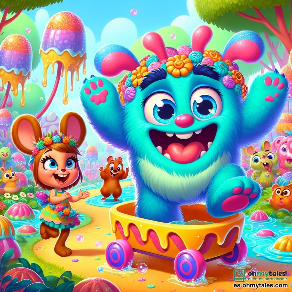 El personaje principal es Burbujón, un monstruo colorido con un cuerpo peludo que cambia de color según su estado de ánimo. Tiene grandes ojos azules brillantes de alegría y una sonrisa radiante. Actualmente, está bailando alegremente en un carro de gelatina, moviendo sus patas gigantes de manera cómica. A su lado hay un pequeño ratón, un personaje secundario importante, con pelaje marrón y ojos traviesos. Lleva un pequeño sombrero de fiesta y aplaude riendo, justo al lado de Burbujón. Otro personaje es una joven coneja, que lleva un vestido colorido y salta de alegría sosteniendo una guirnalda de flores, mirando a Burbujón con admiración. La escena se desarrolla en un bosque encantado donde los árboles son de caramelos y los ríos fluyen con limonada espumosa. Flores multicolores rodean el suelo y burbujas de jabón flotan en el aire, añadiendo un toque mágico al entorno. Burbujón realiza movimientos de baile hilarantes, provocando risas entre sus amigos animales, mientras se preparan para una gran fiesta llena de alegría y colores.