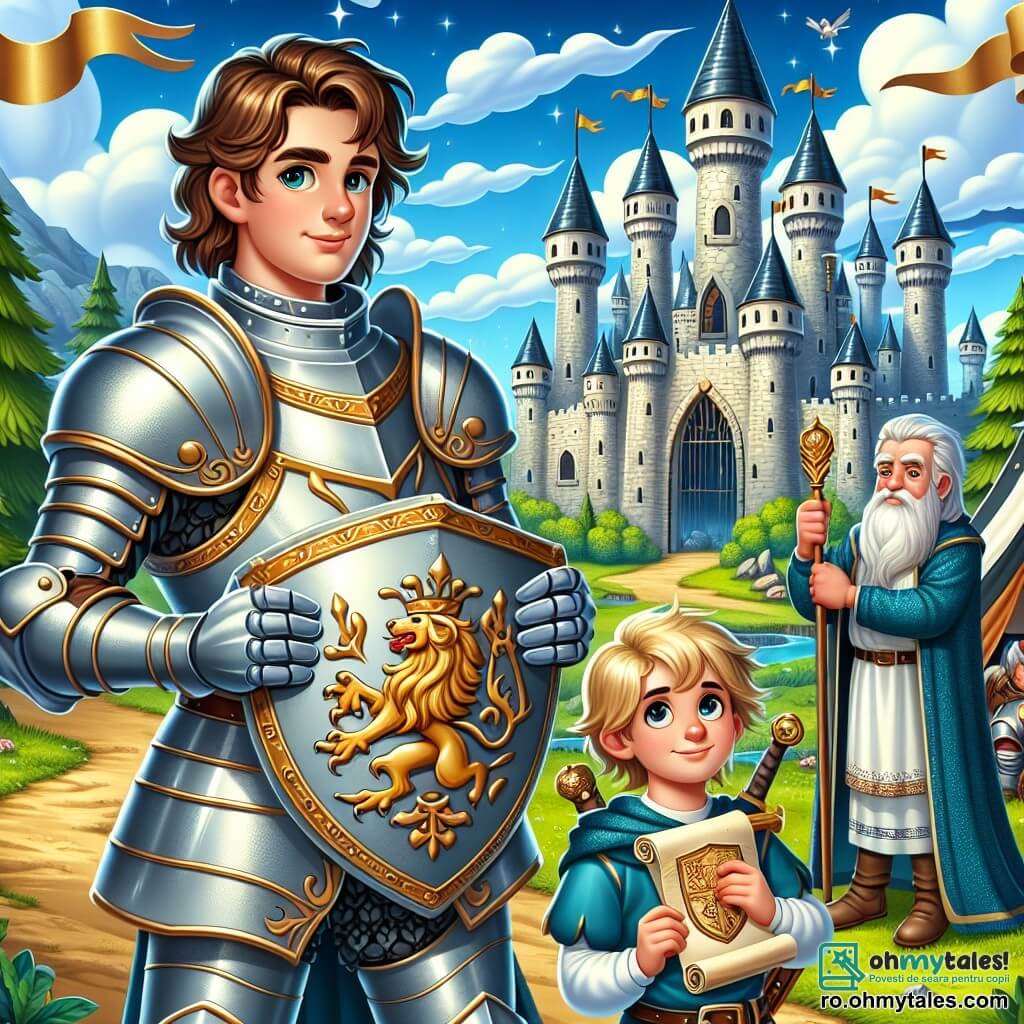 În prim-plan, Sir Darius, un cavaler curajos, stă mândru, ținând un scut strălucitor decorat cu simboluri antice. Are părul castaniu ondulat, o armură argintie care strălucește în soare și o privire determinată pe față, exprimând atât forță, cât și loialitate. Lângă el, un tânăr escuyer de 12 ani, cu părul blond și ochi strălucitori, îl privește pe Sir Darius cu admirație, ținând o sabie miniaturală și un steag al regatului. Mai în spate, un bătrân înțelept cu o barbă lungă și albă, observă scena cu un zâmbet binevoitor, ținând un sul de pergament în mâini. Decorul se află în fața unui castel medieval majestuos, cu turnuri înalte din piatră, steaguri fluturând în vânt și un cer albastru presărat cu nori albi. Copaci verzi înconjoară castelul, iar un drum de pământ duce către poarta principală. Situația principală arată cum Sir Darius este pregătit să-și apere regatul împotriva unei armate inamice care se apropie la orizont, în timp ce tovarășii săi se adună în jurul lui, pregătiți să lupte pentru a-și proteja țara iubită.