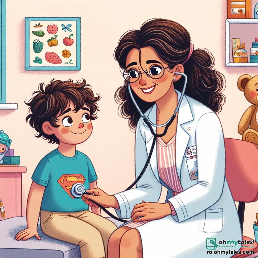 Doctoarea Mariana este o femeie zâmbitoare de aproximativ treize ani, cu păr brun ondulat și ochelari rotunzi. Ea poartă un halat alb strălucitor și ține un stetoscop în mâini, având o expresie de blândețe și determinare în timp ce îl examinează pe un băiețel. Andrei, un băiat de 7 ani, stă pe un scaun confortabil, cu ochi mari și curioși. Are obrașii roșii și poartă un tricou albastru cu desene de supereroi. Se uită la Doctoarea Mariana cu un amestec de neliniște și speranță. În colțul camerei, un urs de pluș zâmbitor, companionul fidel al lui Andrei, este așezat pe o etajeră, adăugând o notă de căldură atmosferei. Cabinetul medical este colorat și primitor, cu pereți vopsiți în galben pastel, postere cu fructe și legume pe pereți și o masă mică plină cu jucării și cărți pentru copii. Situația principală o arată pe Doctoarea Mariana încercând să-l liniștească pe Andrei, explicându-i cu blândețe că are doar un mic răceală și că se va simți repede mai bine, în timp ce ursul de pluș îi veghează, creând o atmosferă reconfortantă și prietenoasă.