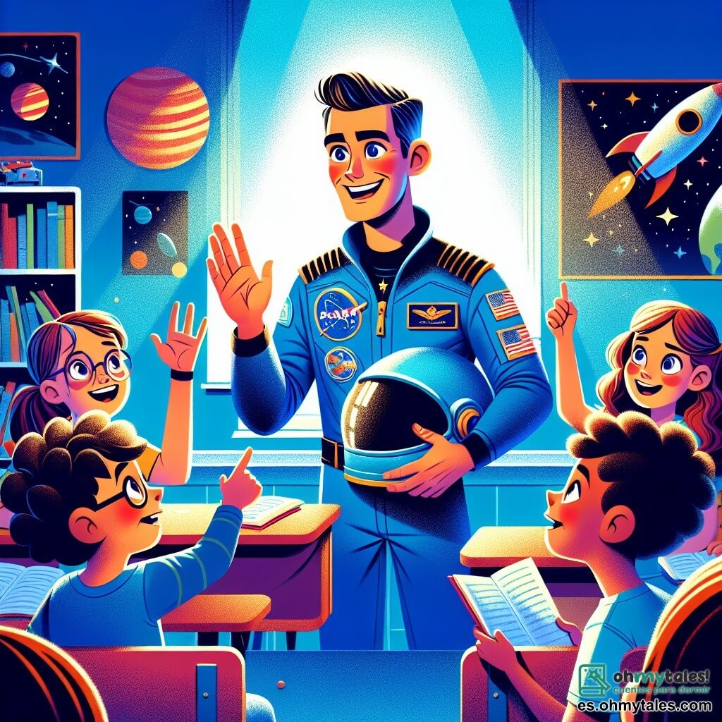 Un hombre, el Capitán Javier, está en el centro de la imagen, vestido con un uniforme espacial azul brillante y con una gran sonrisa en el rostro. Tiene el cabello corto y lleva un casco bajo el brazo, mientras gesticula con pasión al hablar con un grupo de niños. Entre ellos, Lucas, un niño de doce años con una camiseta de cohetes y gafas, levanta la mano emocionado. A su lado, Sofía, una niña de diez años con cabello largo y rizado, escucha atentamente con un cuaderno en la mano, lista para tomar notas sobre aventuras espaciales. La escena ocurre en un aula luminosa, decorada con carteles de planetas y cohetes, con ventanas que dejan entrar la luz del sol. El Capitán Javier comparte historias fascinantes sobre sus viajes espaciales, mientras los niños escuchan asombrados, soñando con ser astronautas y explorar las estrellas.