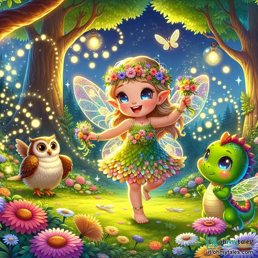 Un personaggio principale, una piccola fata dalle ali scintillanti, con capelli dorati e un vestito di petali di fiori, esprime una gioia esplosiva danzando in una radura. Il suo viso irradia felicità, i suoi occhi brillano come stelle e tiene in mano ghirlande di fiori colorati. Accanto a lei, un piccolo drago verde con squame lucenti, grandi occhi curiosi e un sorriso malizioso, batte le ali con entusiasmo, creando una leggera brezza e soffia bolle di luce attorno a loro, aggiungendo un tocco di magia alla scena. Un saggio gufo con occhiali rotondi, posato su un ramo, osserva la festa con un sorriso benevolo, pronto a raccontare storie. La scena si svolge in una foresta incantata, dove alberi maestosi si ergono verso il cielo, le cui foglie brillano di un verde intenso. Fiori multicolori coprono il terreno e lucciole danzano nell'aria crepuscolare, illuminando la radura con una dolce luce dorata. La situazione principale mostra la piccola fata che celebra il suo compleanno circondata dai suoi amici, in un'atmosfera festosa e magica, con risate e lampi di luce, mentre si preparano a ballare e divertirsi sotto il cielo stellato.
