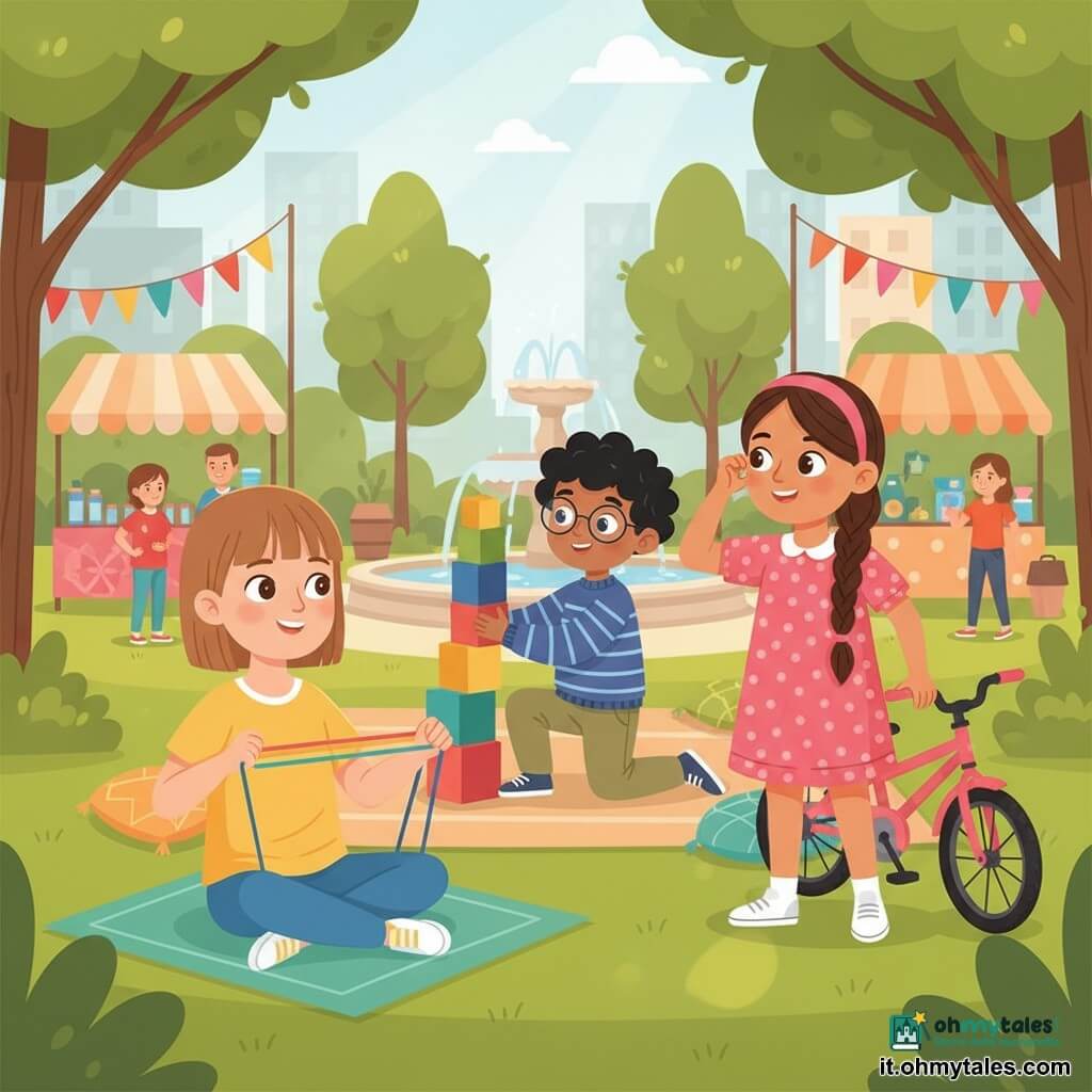 Ci sono tre bambini: Sofia, femmina di 7 anni, pelle chiara, capelli castano chiaro a caschetto, con t‑shirt gialla e leggings blu, seduta a sinistra su una coperta verde che tiene un elastico arcobaleno e si allunga sorridendo; Arianna, femmina di 7 anni, pelle oliva, capelli castani lunghi e intrecciati, con vestito rosa a pois e piccole scarpe da ginnastica bianche, in piedi a destra di Sofia che sistema una fascia per capelli e appoggia una piccola bici rosa; un ragazzo con occhiali, 7 anni, capelli neri ricci, con maglione a righe e pantaloni kaki, al centro dietro, accovacciato mentre impila scatole colorate per una torre instabile. Luogo: parco urbano soleggiato con fontana di pietra, stand colorati, ghirlande di tessuto, alberi frondosi che creano ombre, prato verde, cuscini e coperte attorno a un tappeto da picnic. Situazione: piccola festa di quartiere sul prato, atmosfera calda e vivace, colori sgargianti, sorrisi e interazioni benevole.