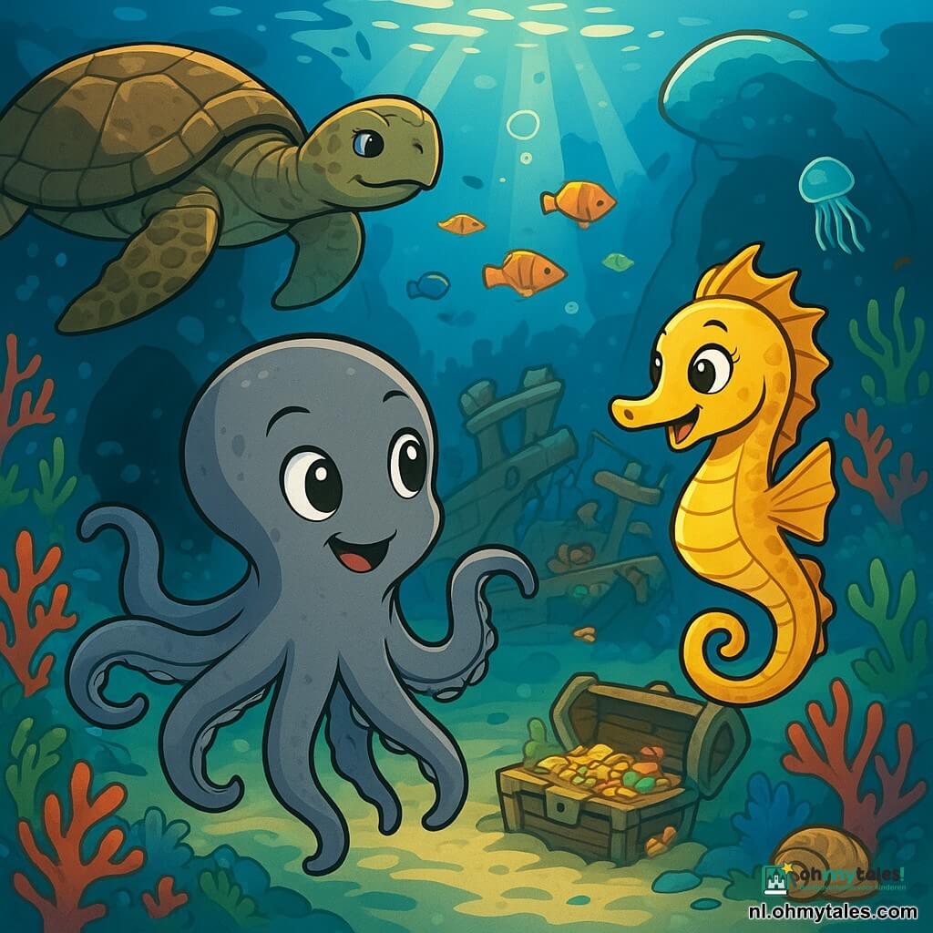 Een jonge octopus genaamd Inkt, met een grijze huid en heldere ogen, zwemt enthousiast in een levendige onderwaterwereld. Zijn flexibele armen bewegen zich behendig en hij toont een uitdrukking van nieuwsgierigheid en vastberadenheid. Naast hem zweeft een delicate zeepaardje genaamd Lila, met gouden schubben en een spiraalvormige staart, vrolijk in het water, haar ogen fonkelen van opwinding. Op de achtergrond observeert een grote zeeschildpad, Opa Mora, met een ruwe schild en wijze ogen, de scène met een welwillende blik, dichtbij een mysterieuze grot. De locatie is een onderwater tuin, gevuld met kleurrijke koralen, veelkleurige vissen en lichtgevende kwallen die zachtjes in het heldere water dansen. Zonnelicht filtert door het oppervlak en creëert glinsterende patronen op het zand. De hoofdactie toont Inkt en Lila die samen de grot verkennen, waar ze een oud scheepswrak bedekt met koralen ontdekken, omringd door glinsterende schatten en nieuwsgierige zeedieren.