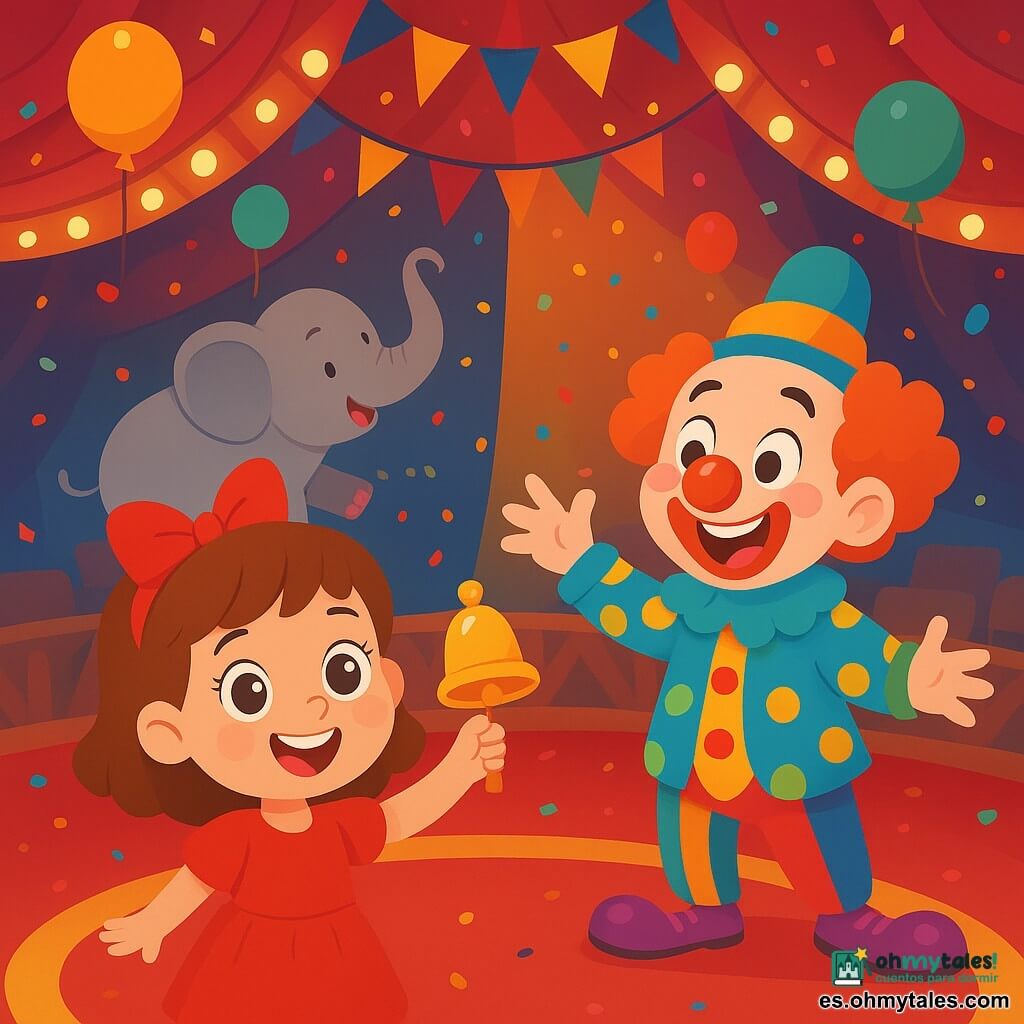 Una niña de 4 años, con grandes ojos brillantes y una sonrisa radiante, lleva un bonito lazo rojo en su cabello castaño. Ella está en el centro de la pista del circo, levantando una pequeña campanita dorada, llena de emoción. A su lado, un payaso alegre, de unos 30 años, con una nariz roja y un traje multicolor, hace muecas para hacer reír al público. Un adorable elefante, con zapatos rosas, está en el fondo, moviendo su trompa con diversión. El lugar es una gran carpa de circo, llena de luces brillantes y colores vivos, con asientos de madera y guirnaldas de banderines. La escena está animada por globos flotantes y confeti de colores que cae suavemente del cielo. La niña, llena de alegría, está lista para comenzar su número, rodeada de risas y aplausos, mientras el payaso y el elefante la animan entusiastamente.