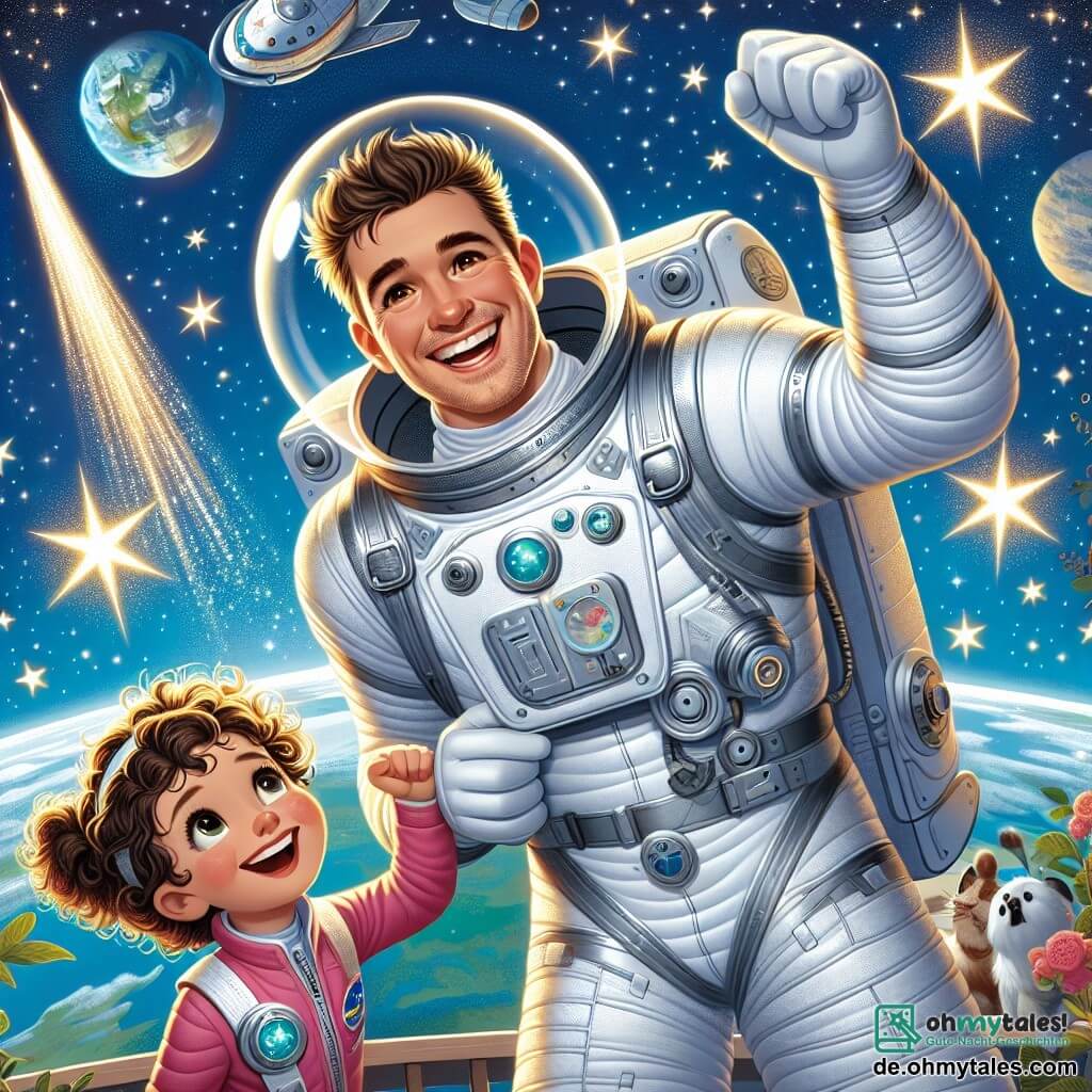 Ein Astronaut namens Lars trägt einen strahlend weißen Raumanzug mit silbernen Details. Sein Gesicht strahlt Freude aus, mit einem breiten Lächeln und funkelnden Augen vor Aufregung. Er schwebt im Weltraum, umgeben von bunten Planeten und funkelnden Sternen. Neben ihm steht ein 6-jähriges Mädchen mit lockigem Haar und einem rosa Raumanzug, das staunend die Sterne betrachtet. Sie zeigt auf eine Sternschnuppe, die den Himmel durchquert. Im Hintergrund glänzt eine große silberne Rakete im Licht der Sterne, während eine spektakuläre Sicht auf die blaue und grüne Erde in der Ferne zu sehen ist. Die Hauptsituation zeigt Lars und das Mädchen, die gemeinsam die Wunder des Universums entdecken, lachend und staunend über die Schönheit des Himmels.